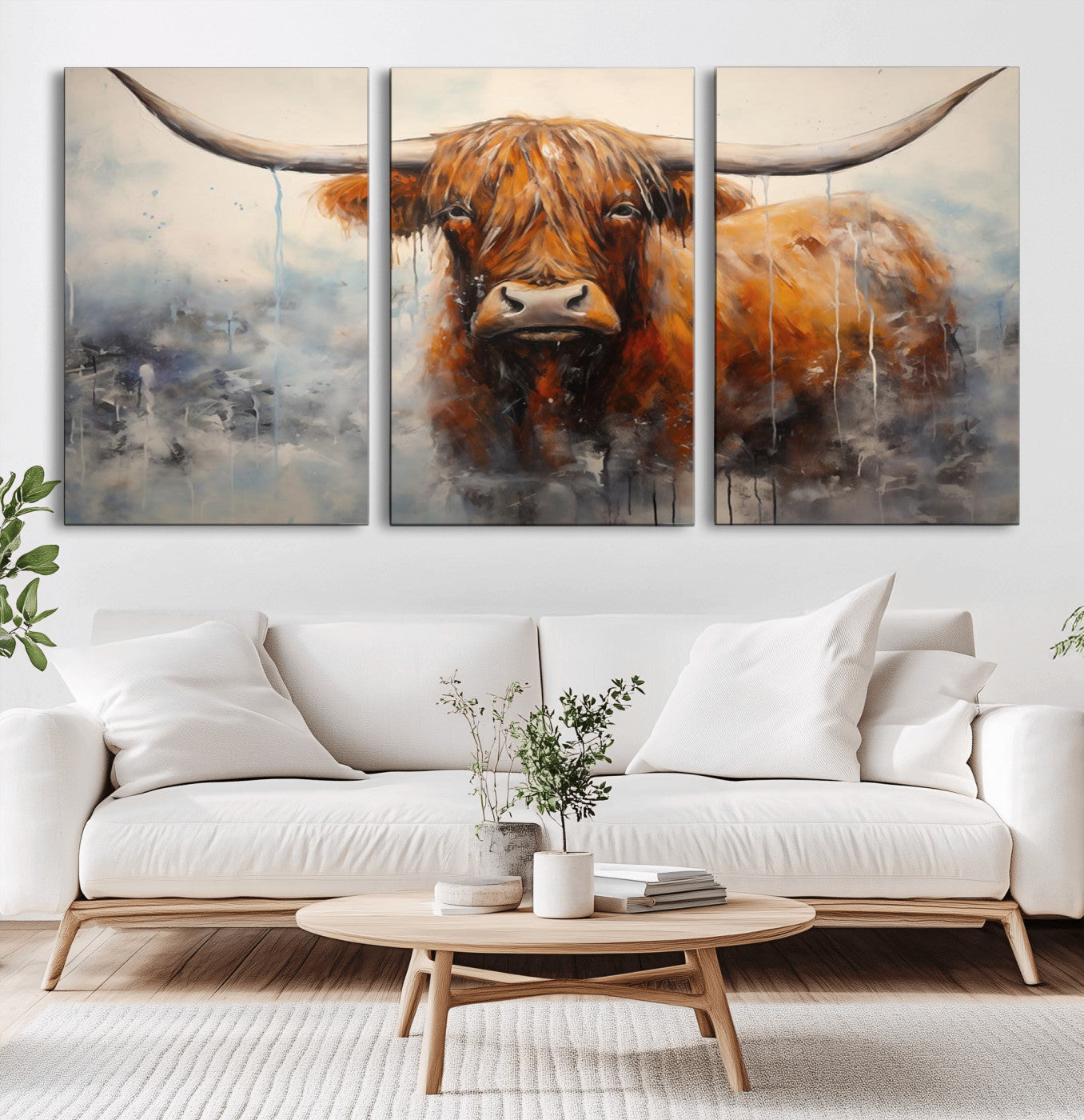 MGV-CV-60X30-3P - Scottish Highland Wall Art Canvas Print, Framed Longhorn Art Picture Print, Western Cow Perfect Farmhouse Decor Artwork