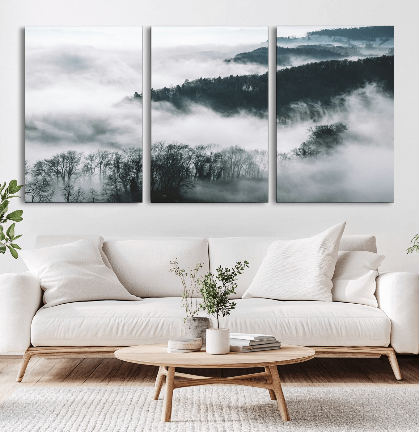 MGV-CV-60X30-3P - Foggy Forest Landscape Wall Art Canvas Print – Misty Mountain Valley Scene in Monochrome Tones,