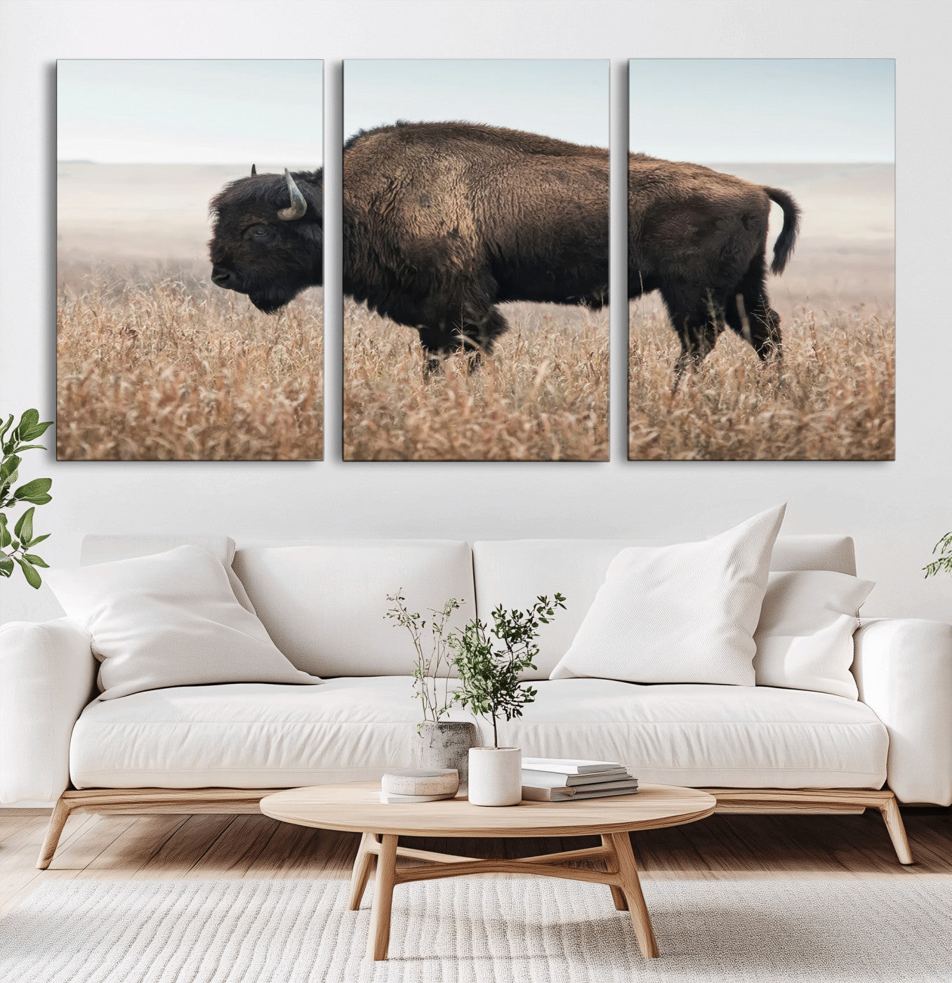 MGV-CV-60X30-3P - American Bison in Field  Wall Art Canvas Print – Powerful Winter Wildlife Scene with Buffalo in