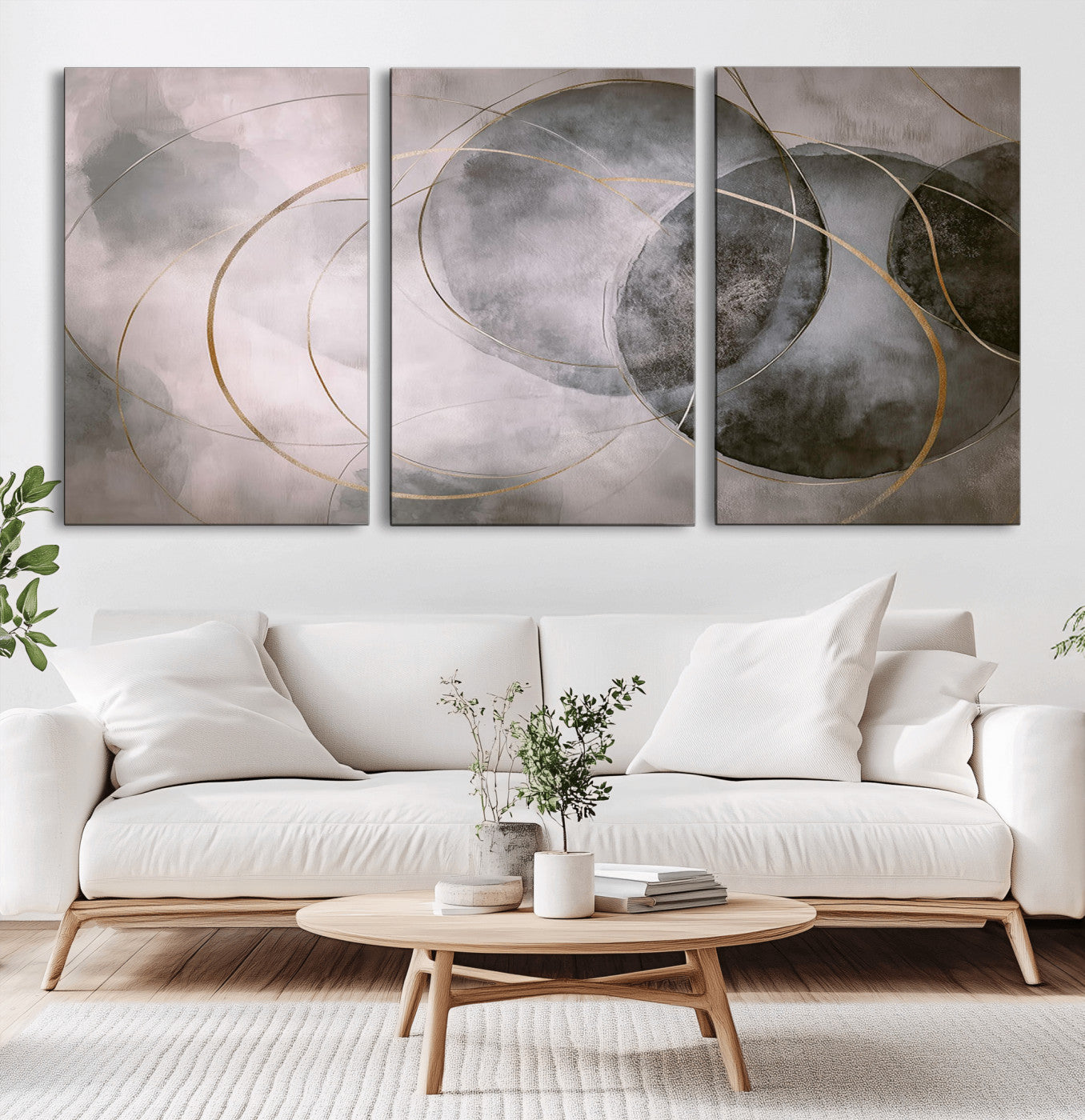 MGV-CV-60X30-3P - Wall Art Canvas Print Abstract Gray Black Gold Circles Soft Texture Modern Minimalist Artistic Home Decor Contemporary Elegant Stylish Unique