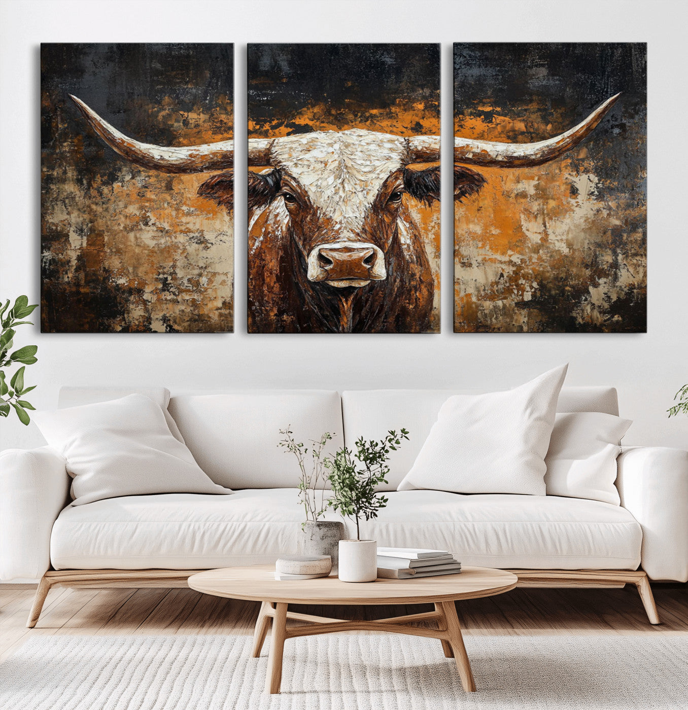 25265572-MGV-CV-36X24-Rustic Longhorn Bull Wall Art Canvas Print – Vintage Western Cattle Scene, Texas Steer Artwork for Home, Office