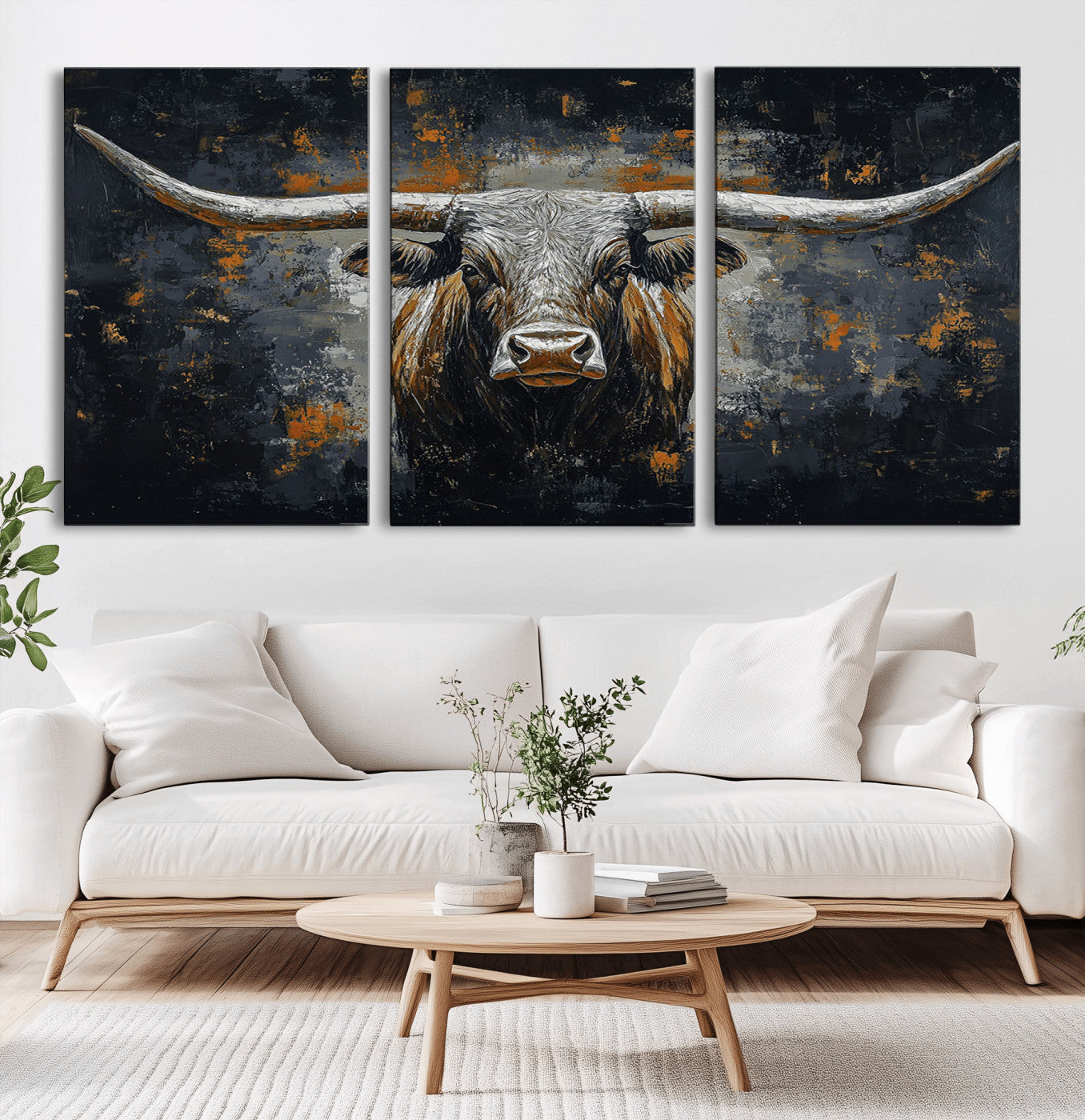93195031-MGV-CV-36X24-Rustic Longhorn Bull Wall Art Canvas Print – Vintage Western Cattle Scene, Texas Steer Artwork for Home, Office