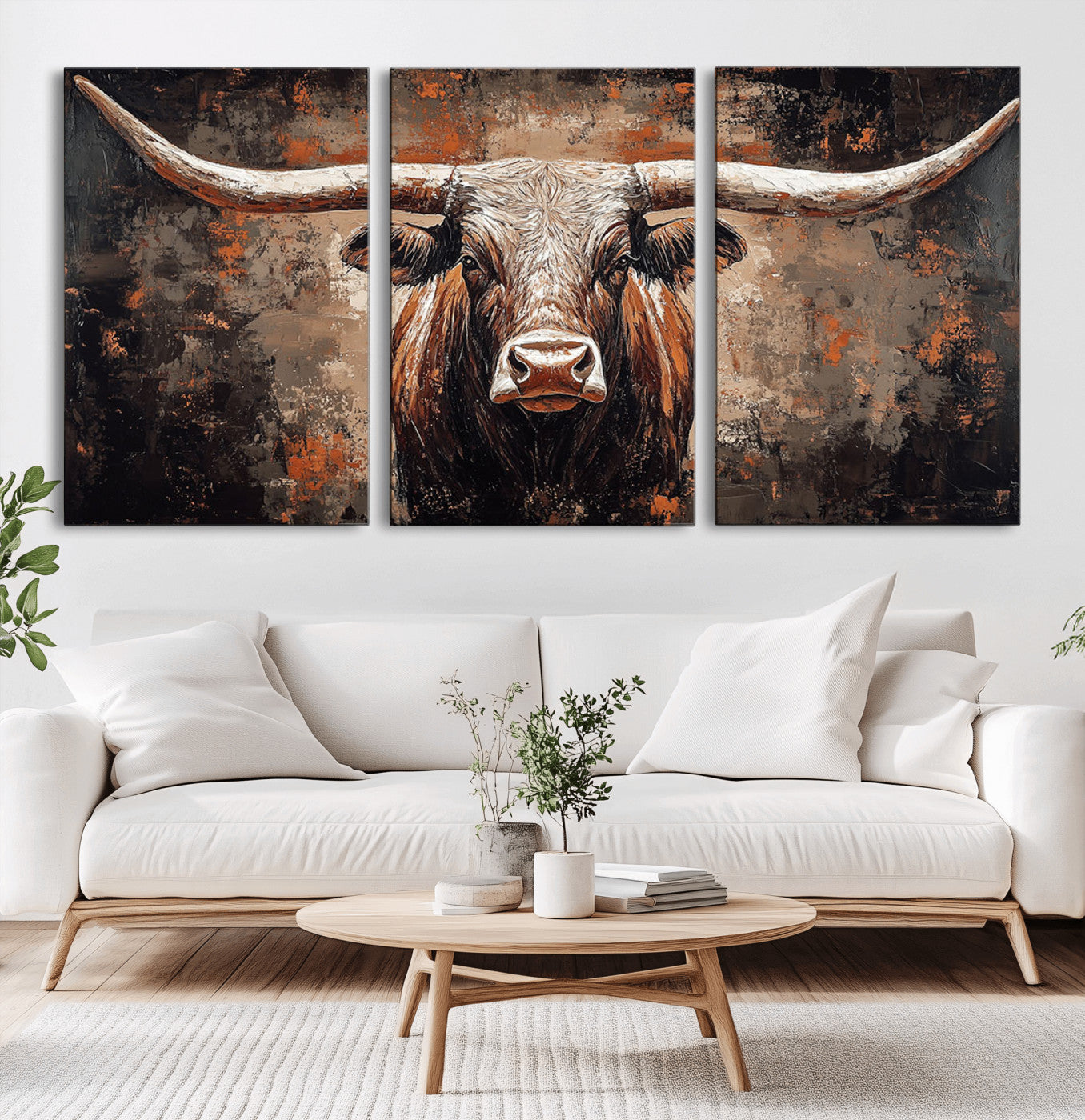 42732393-MGV-CV-36X24-Rustic Longhorn Bull Wall Art Canvas Print – Vintage Western Cattle Scene, Texas Steer Artwork for Home, Office