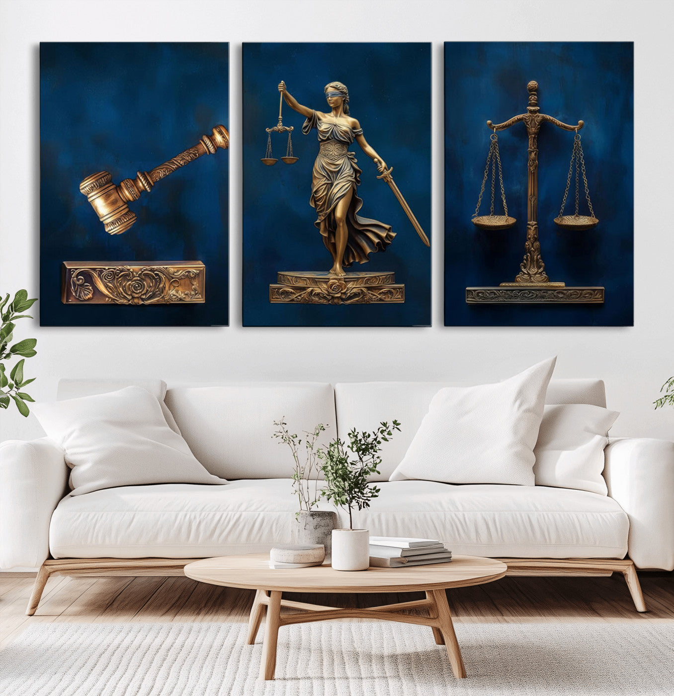 91629053-MGV-CV-36X24-Lady Justice Wall Art Canvas Print – Elegant Gold Legal Symbols Blue Background Artwork for Home, Office, Living Room