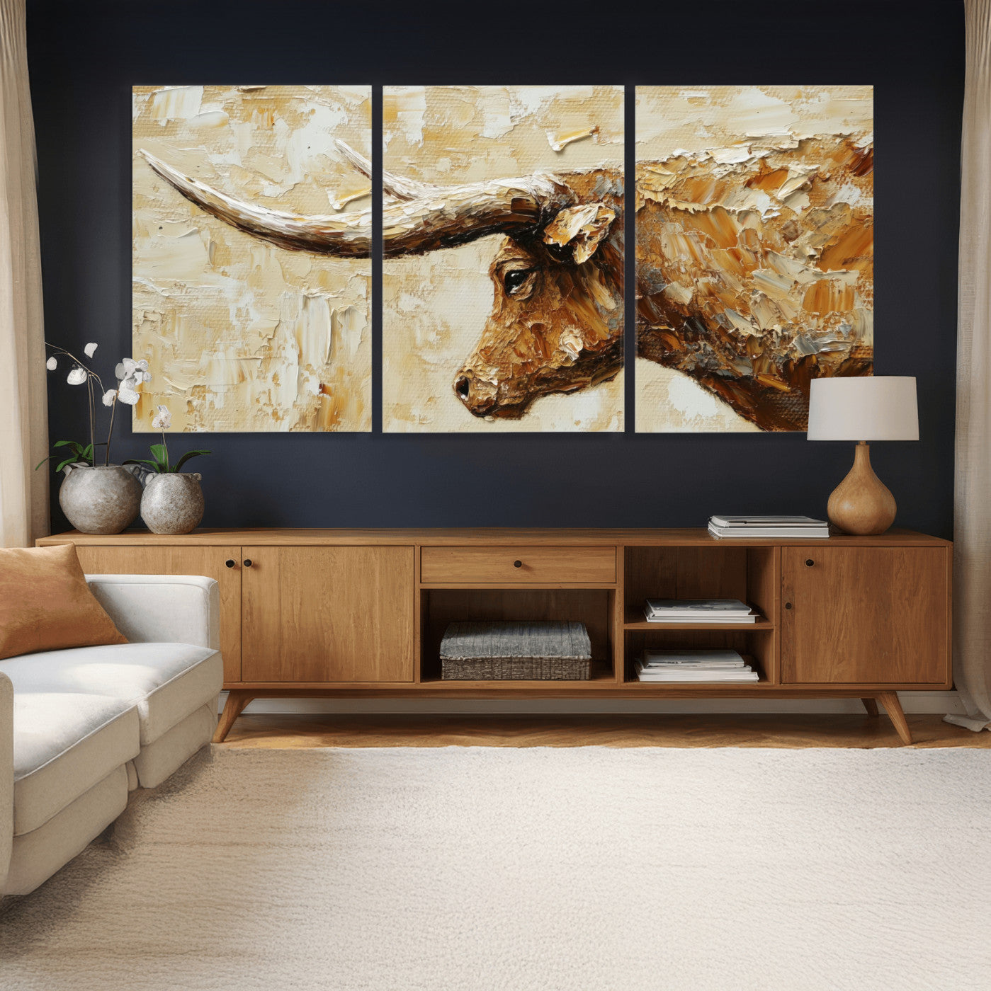 69611428-MGV-CV-36X24 - Rustic Longhorn Bull Wall Art Canvas Print – Vintage Western Cattle Painting, Texas Abstract Wall Cow Prints