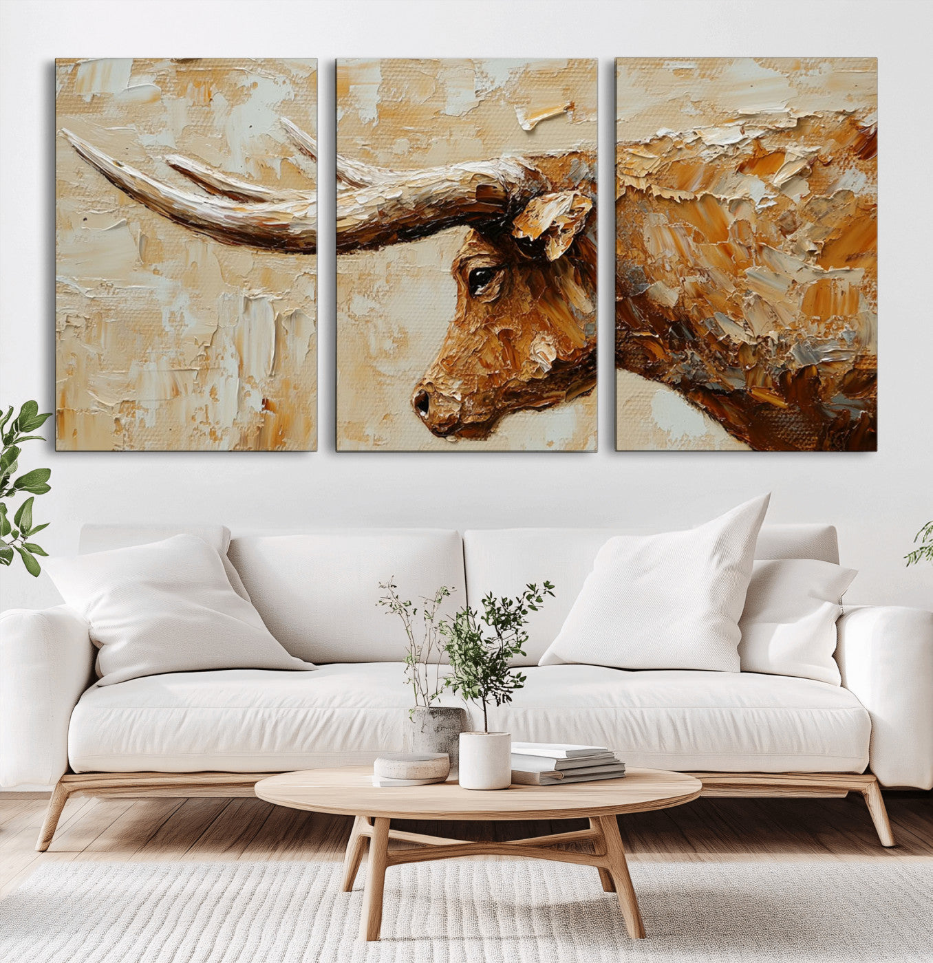 69611428-MGV-CV-60X30-3P-Rustic Longhorn Bull Wall Art Canvas Print – Vintage Western Cattle Texas Steer Scene Artwork for home, office