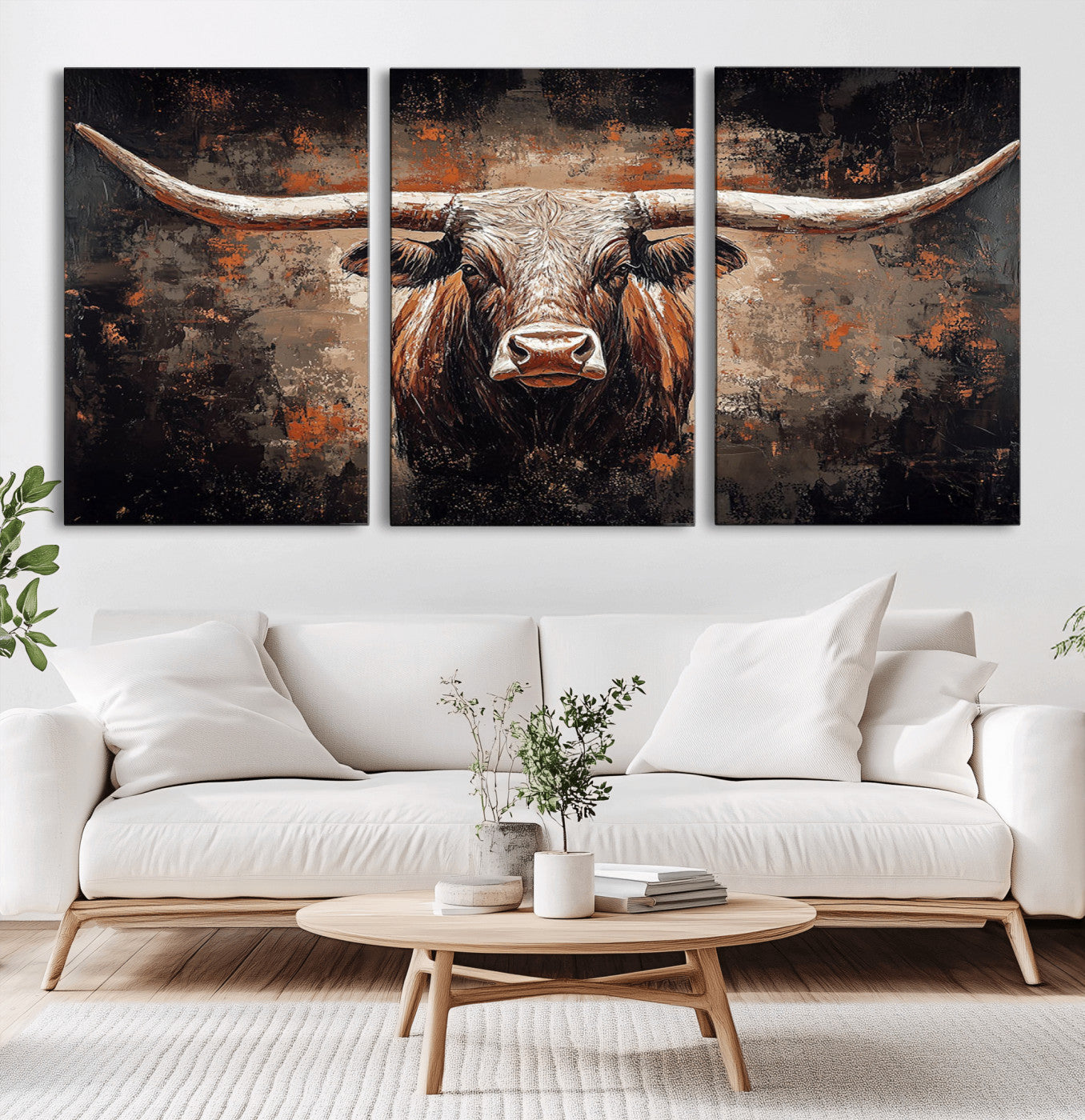 MGV-CV-60X30-3P - Rustic Longhorn Bull Wall Art Canvas Print – Vintage Western Cattle Painting, Texas Steer Artwork Print