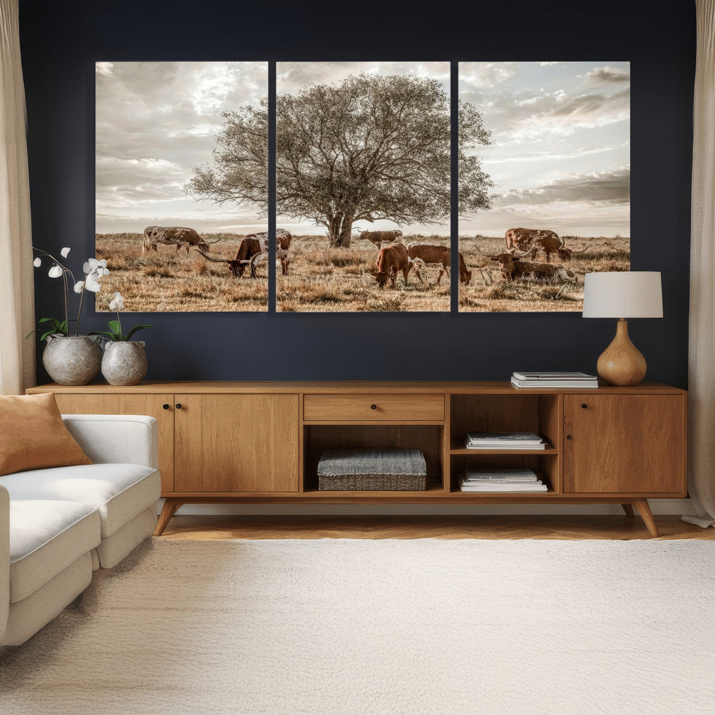 87590224-MGV-CV-36X24 - Texas Longhorn Cattle Wall Art Canvas Print – Rustic Western Ranch Scene with Steers at Sunset, Perfect for Farmhouse or Cowboy Decor