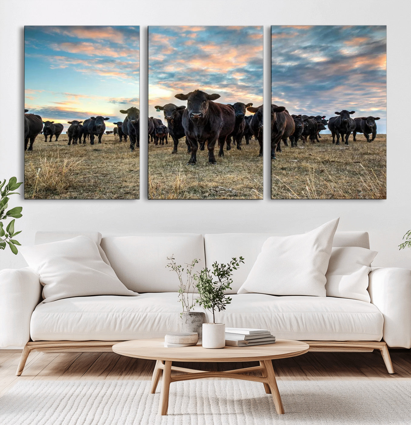 MGV-CV-60X30-3P - Texas Longhorn Cattle Wall Art Canvas Print – Rustic Western Ranch Scene with Steers at Sunset,