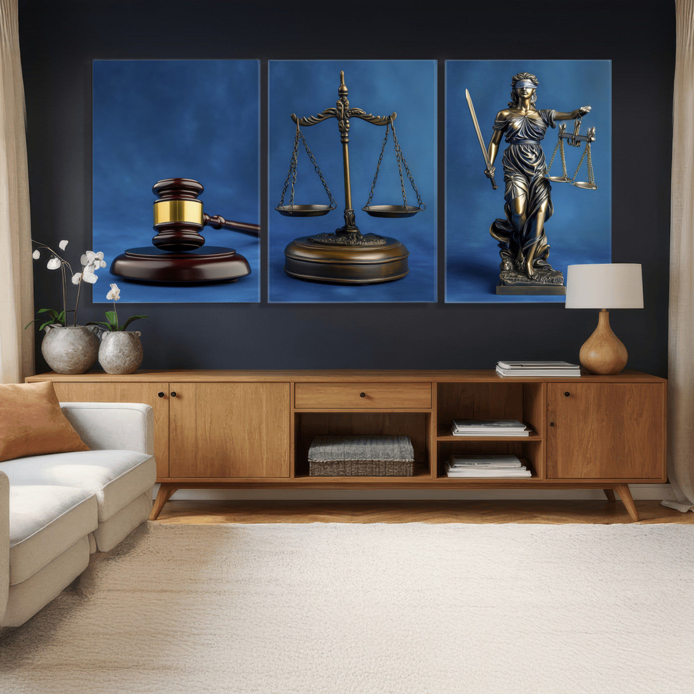 27565987-MGV-CV-60X30-3P - Legal Justice Wall Art Canvas – Gavel, Scales & Lady Justice with Courtroom Canvas Print for Law Office or Lawyer Gifts
