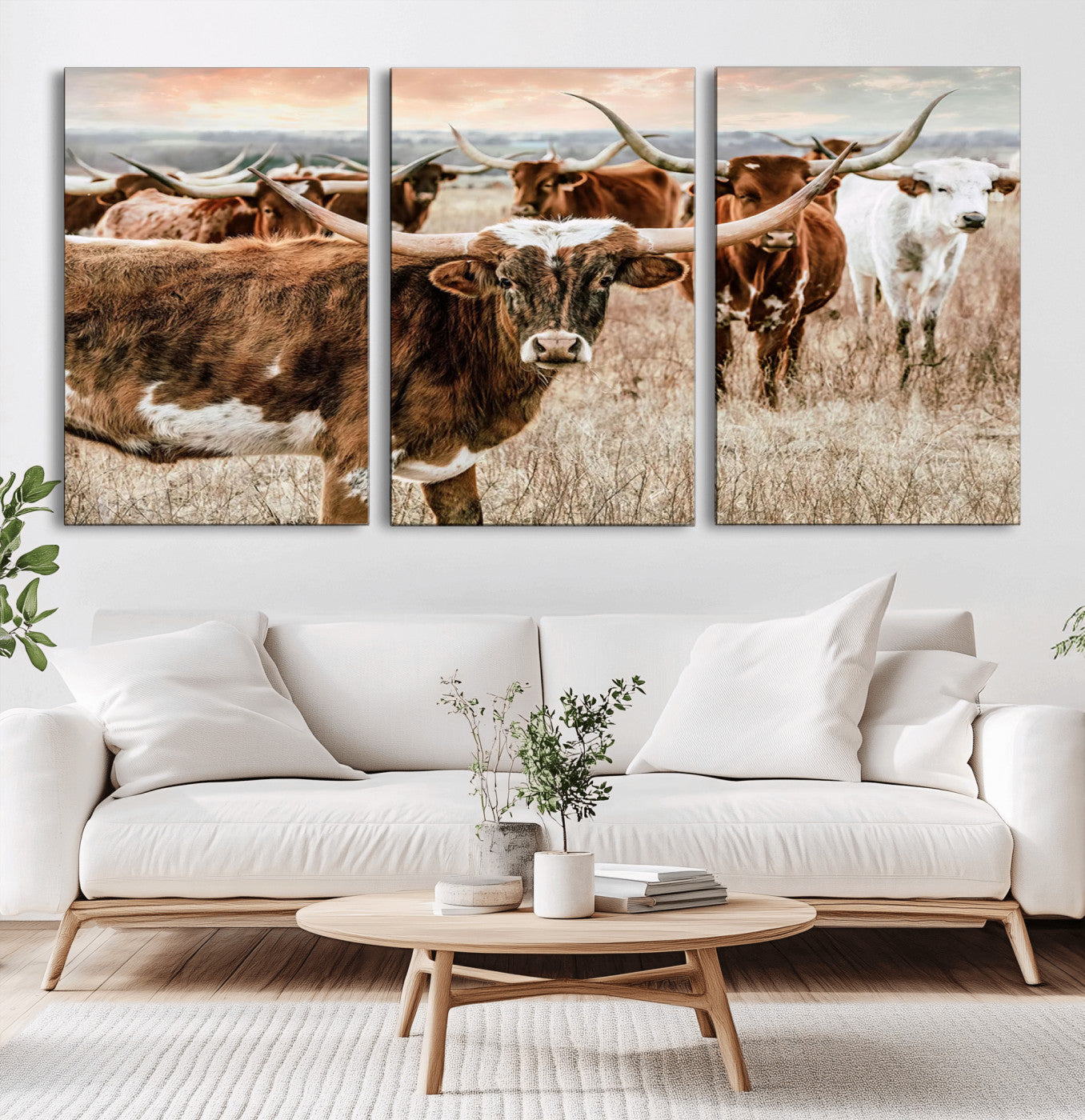 MGV-CV-60X30-3P - Texas Longhorn Cattle Wall Art Canvas Print – Rustic Western Ranch Scene with Steers at Sunset,