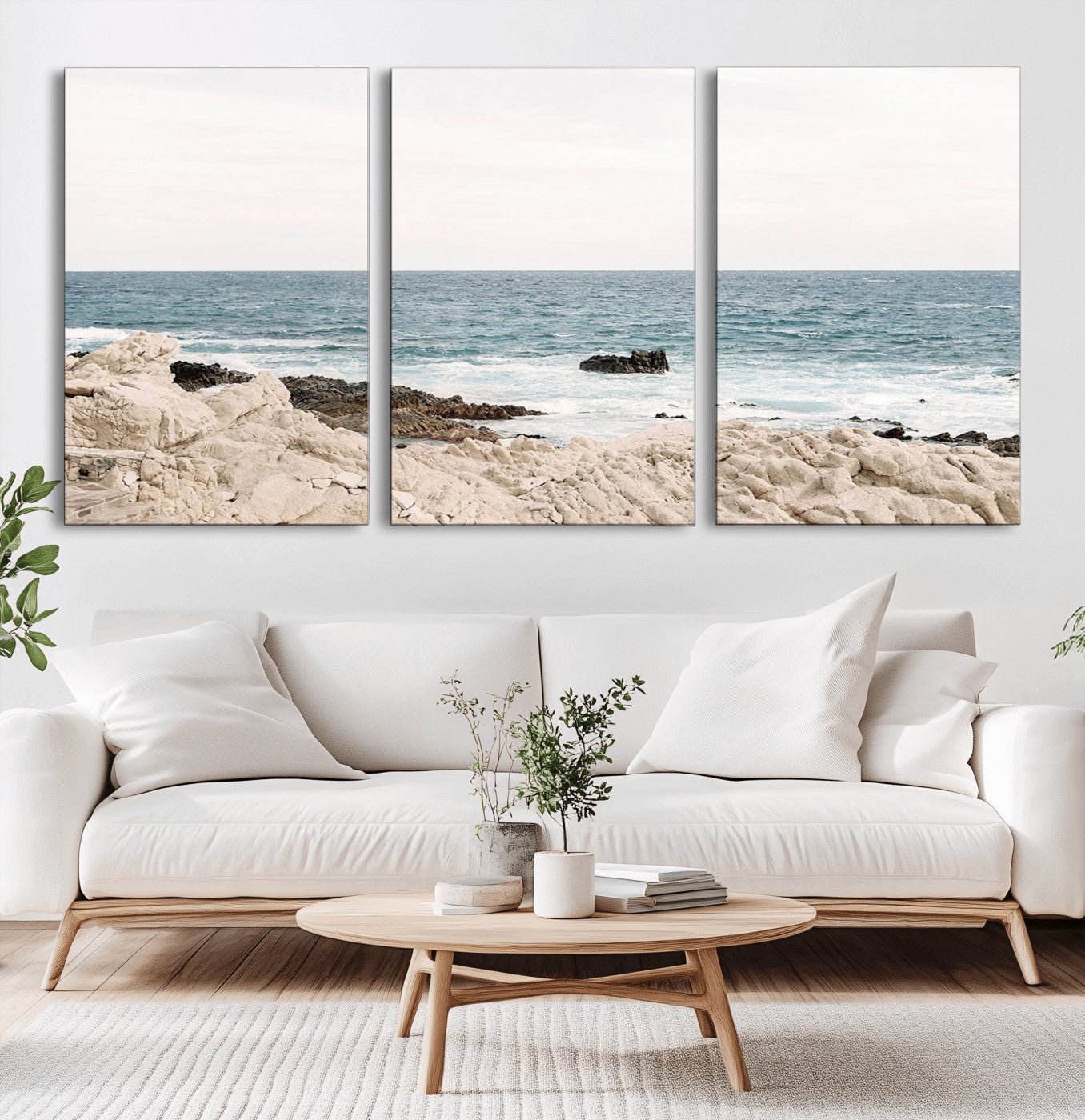 25481980-MGV-CV-60X30-3P-Coastal Ocean View Wall Art Canvas Print – Serene Rocky Shoreline and Blue Sea Photography for Coastal Chic or Minimalist Home Decor