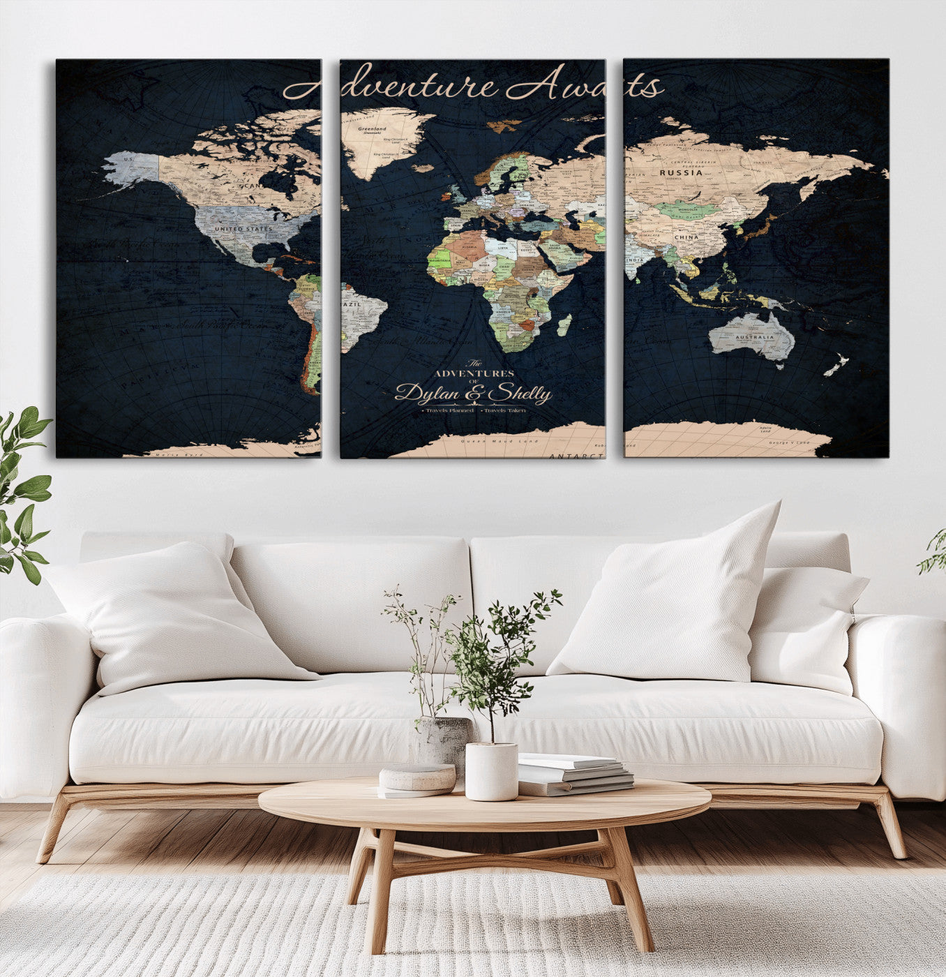 43186793-MGV-CV-60X30-3P-Personalized World Map Print, Customizable Push Pin Framed World Map Print on Canvas - Custom Quote on Map Print