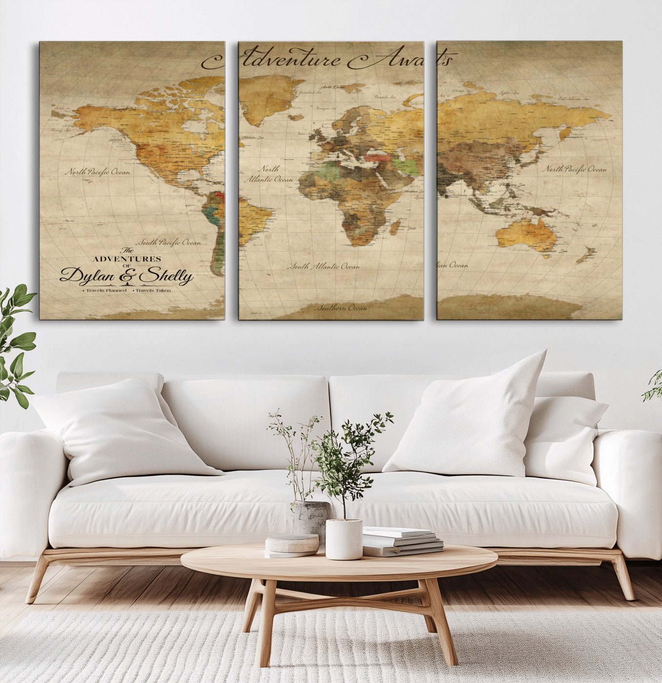 Rehber01-MGV-CV-36X24-Personalized World Map Canvas – Custom Framed Push Pin Travel Map Wall Art, Rustic Vintage Gift for Couples and Travel Lovers