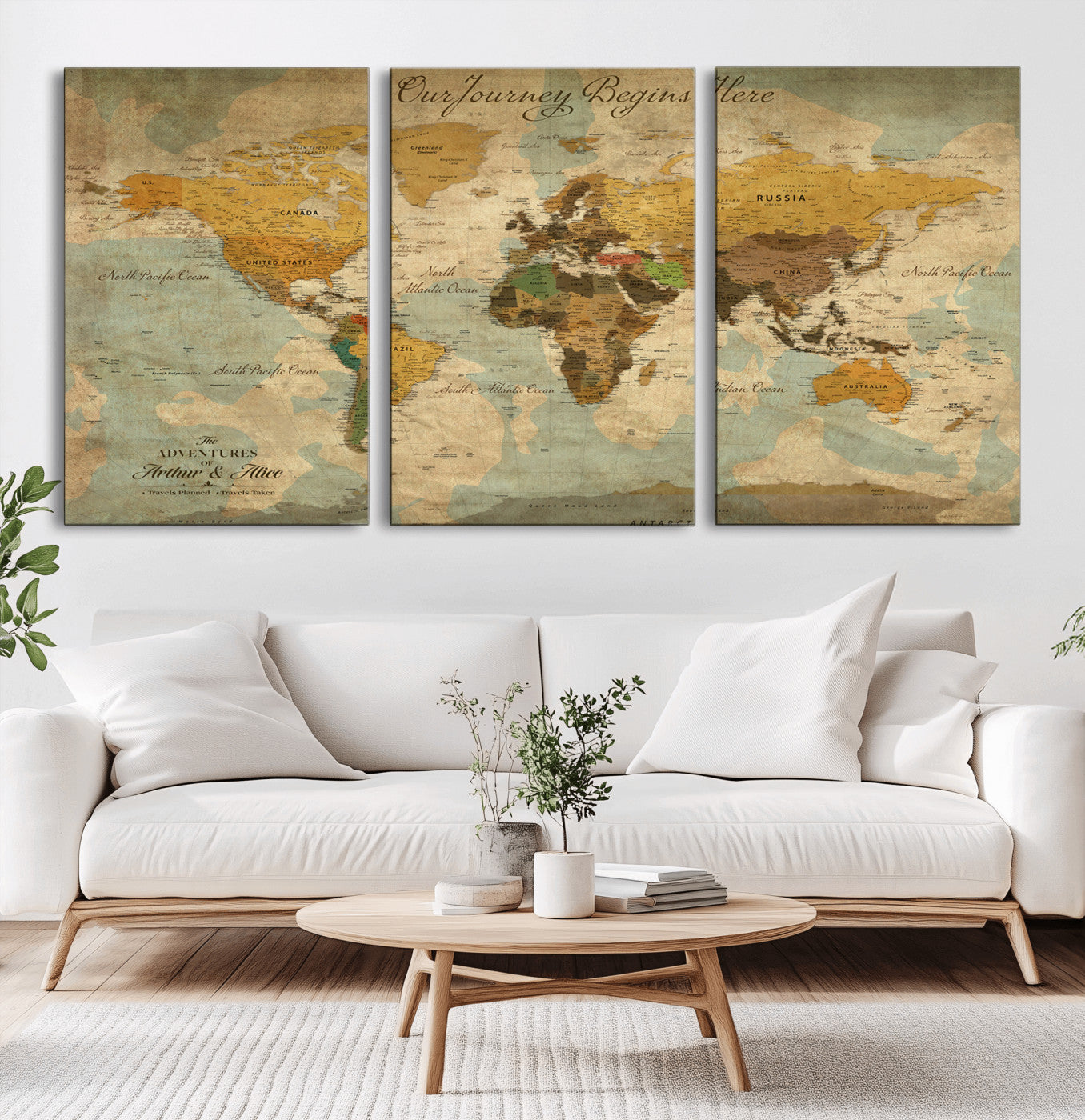 40572820-MGV-CV-60X30-3P-Personalized World Map Canvas – Custom Framed Push Pin Travel Map Wall Art, Vintage Style Gift for Couples