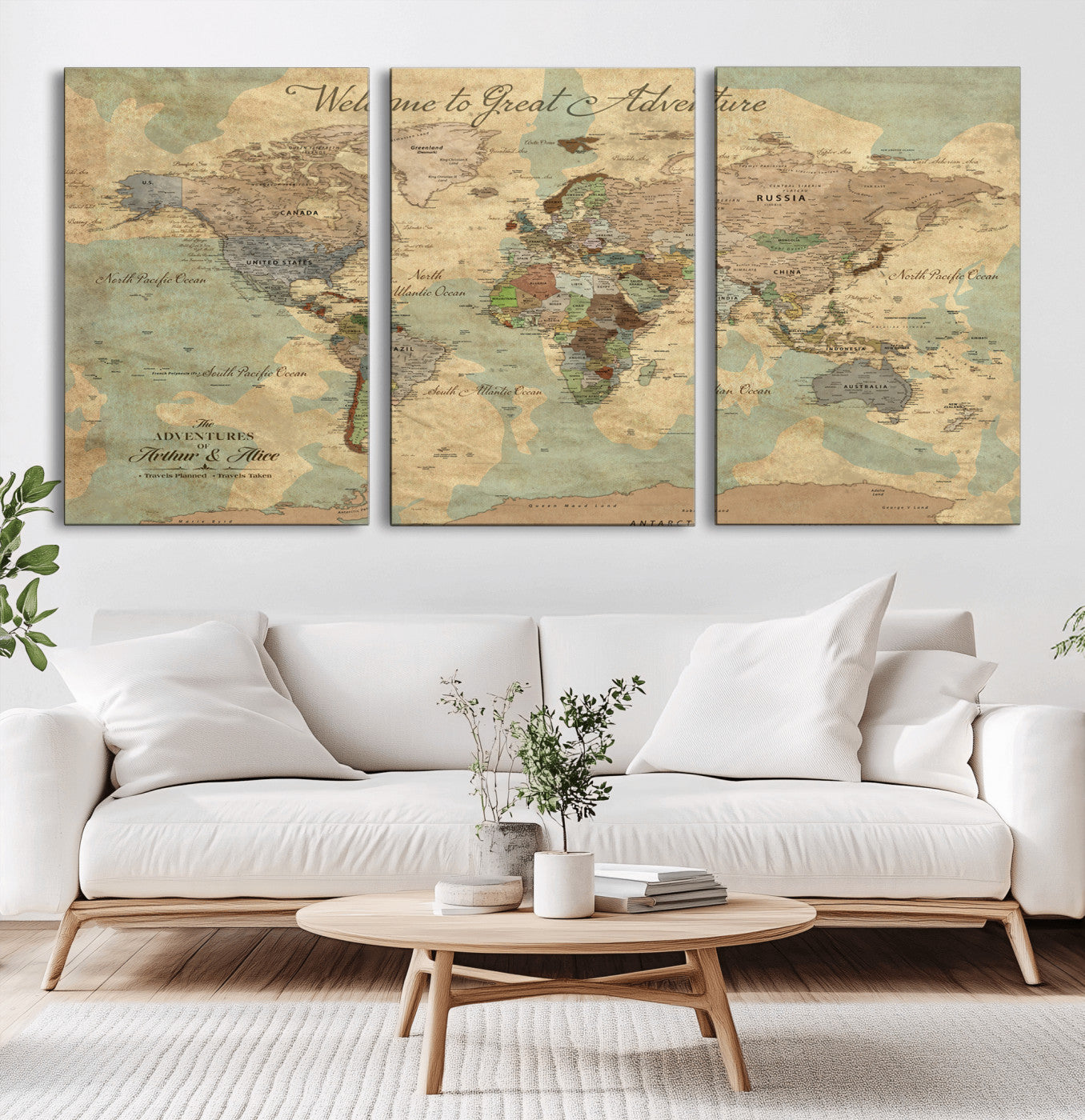 Rehber01-MGV-CV-36X24-Personalized World Map Canvas – Custom Framed Push Pin Travel Map Wall Art, Vintage Style Gift for Couples or Families