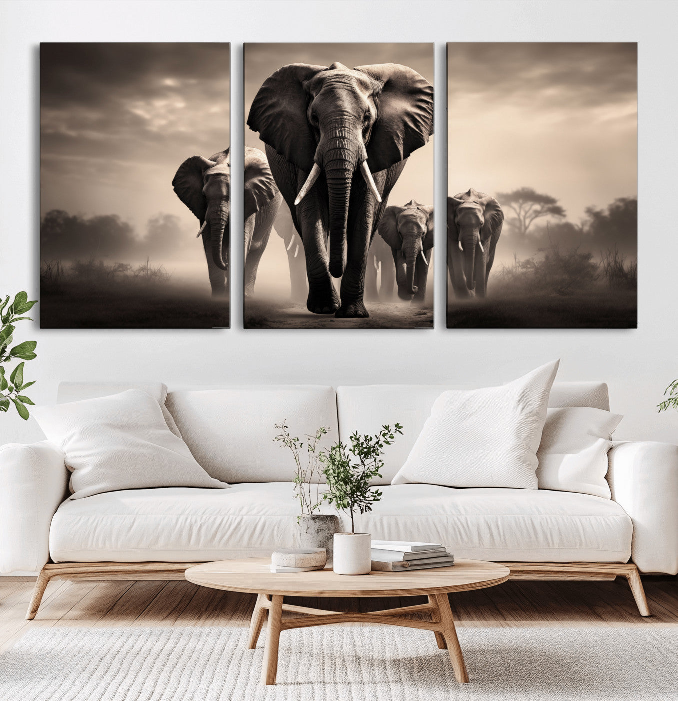 48598F10-MGV-CV-60X30-3P-Elephant Family Wall Art Canvas Print, Framed Elephant Wall Art Home Decor