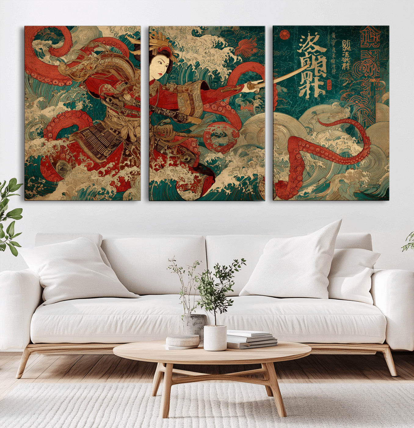 MGV-CV-60X30-3P - Tsukioka Yoshitoshi Samurai Wall Art Print, Japanese Katana Warrior Canvas Wall Art, Octopus Sea Monster Canvas Print,