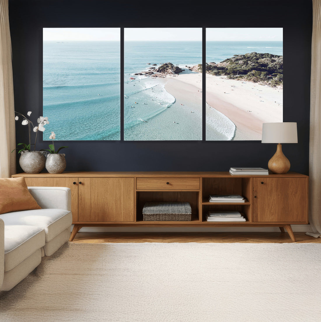 Aerial Beach Wall Art Canvas Print, Coastal Ocean Waves and Surfers from Above