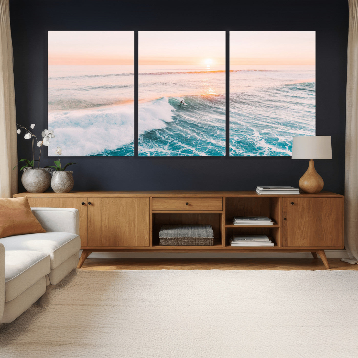 34064591-MGV-CV-36X24 - Sunset Surfing Wall Art Canvas Print, Ocean Wave Surfer with Golden Sky Artwork for Home, Office, Living Room