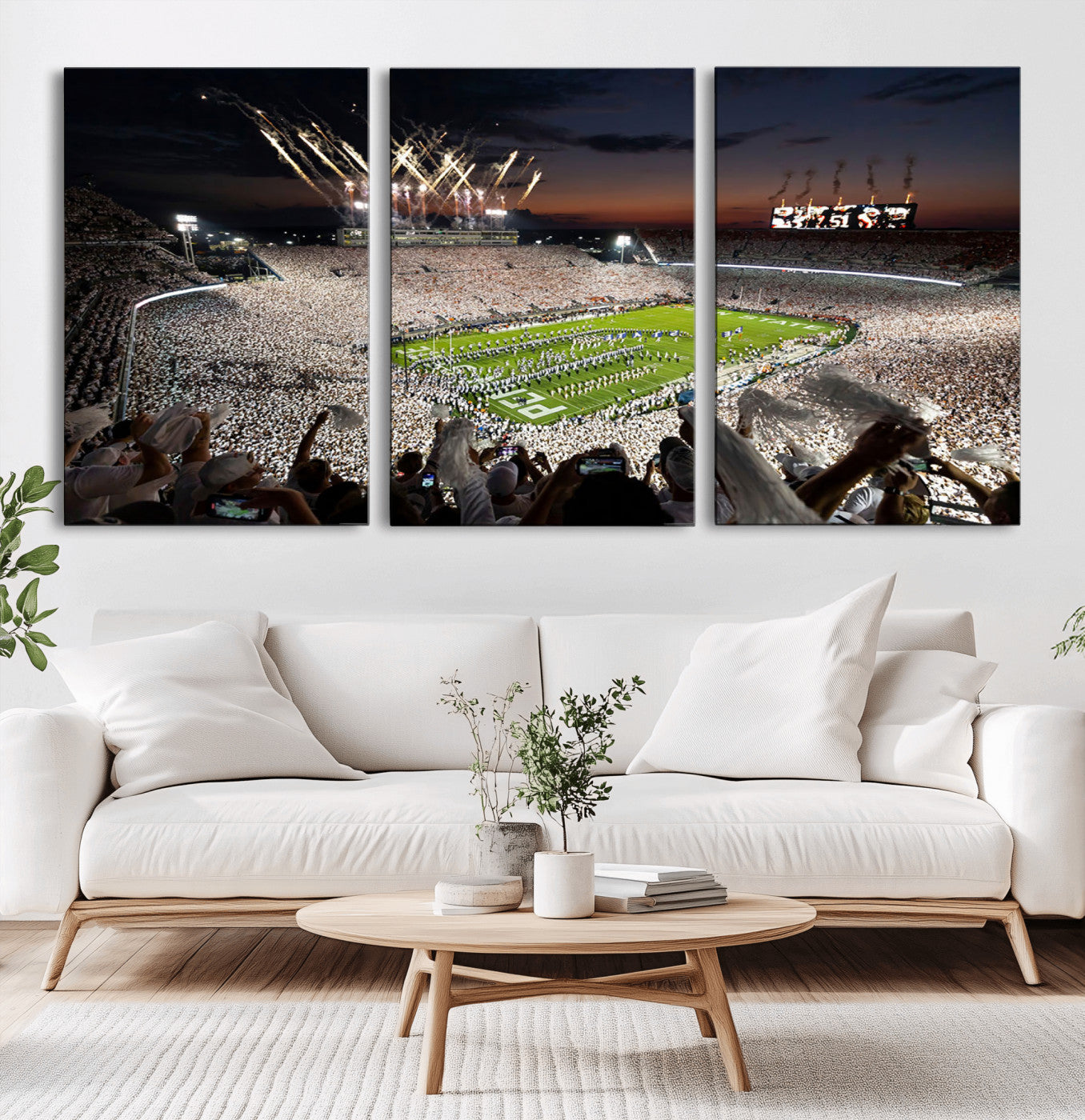 11221988-MGV-CV-60X30-3P - Epic Night Football Stadium Wall Art Canvas Print, Fireworks and Crowd Energy Game Day Excitement Decor for Home, Office