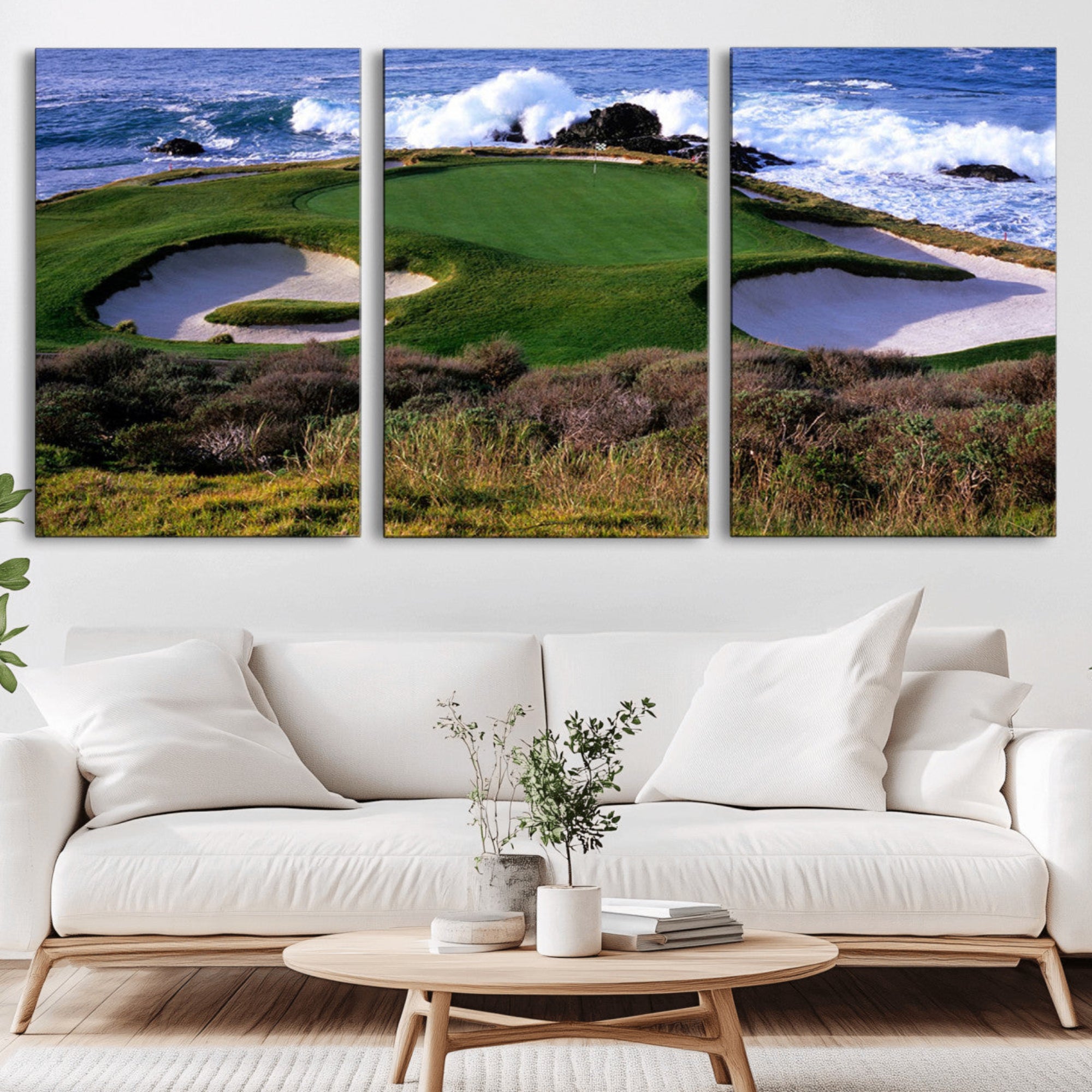 22776914-MGV-CV-36X24-Ocean Cliff Golf Green Canvas Print – Framed Majestic Coastal Scene with Lush Green Artwork for Home, Office