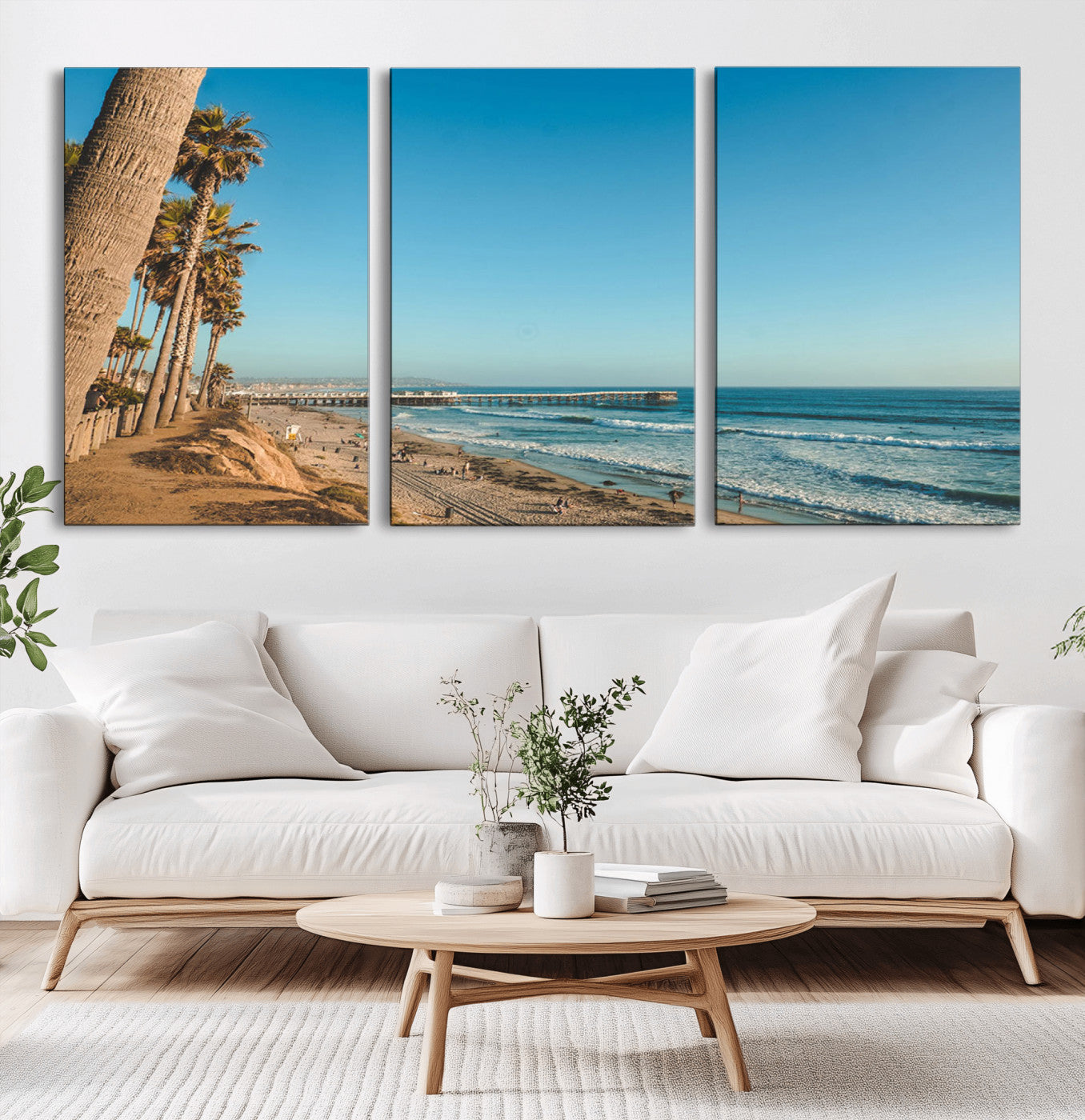 MGV-CV-60X30-3P - Scenic Beach with Tall Palm Trees, Sandy Shore, and Long Pier Stretching into the Calm Ocean Under