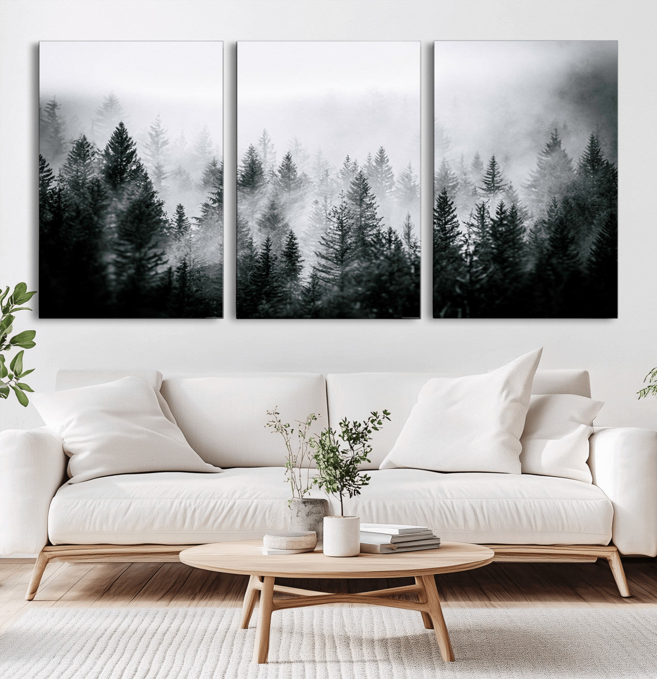 Horizontal black and white canvas wall art of foggy pine forest landscape for modern and rustic home decor