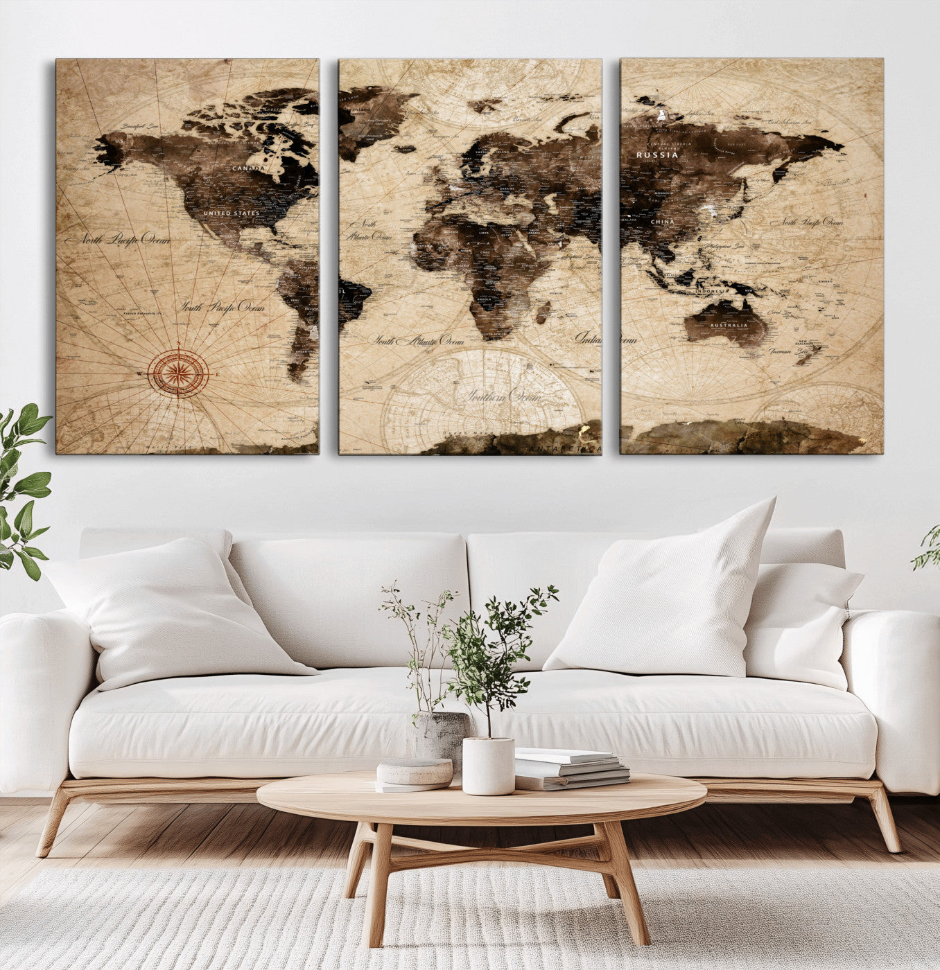 97114757-MGV-CV-60X30-3P - Vintage World Map Wall Art Canvas Print, Modern Decorative Framed Map Artwork Prints for Living Room, Office, Bedroom Wall Decor
