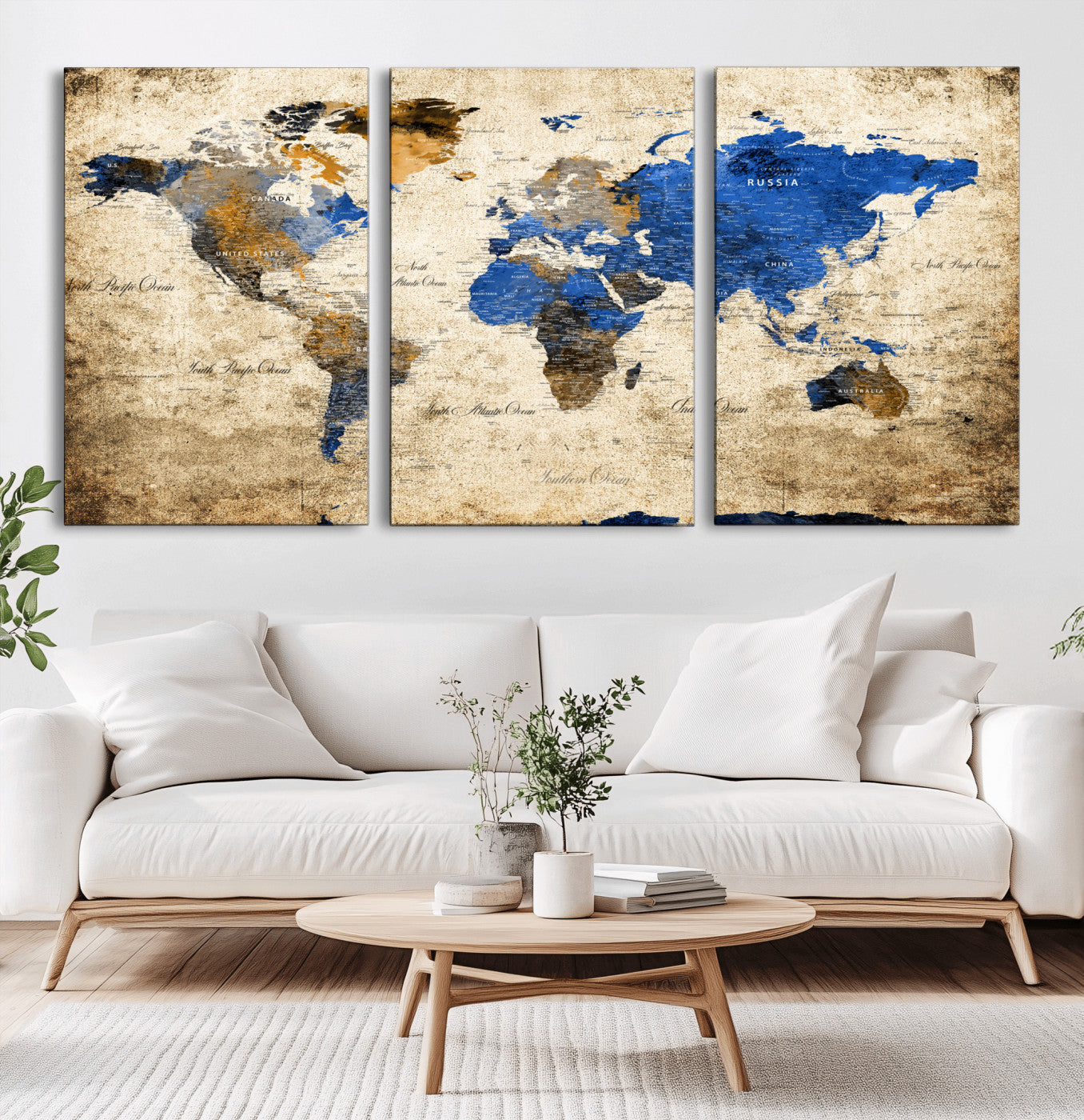 13564339-MGV-CV-60X30-3P - World Map Wall Art Canvas Print, Modern Decorative Framed Map Artwork Prints for Living Room, Office, Bedroom Wall Decor