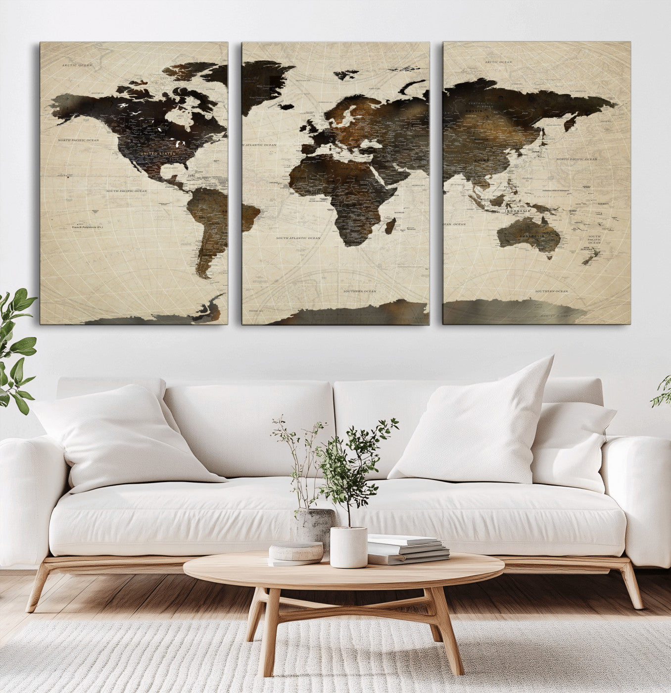 81771296-MGV-CV-60X30-3P - World Map Wall Art Canvas Print, Modern Decorative Framed Map Artwork Prints for Living Room, Office, Bedroom Wall Decor