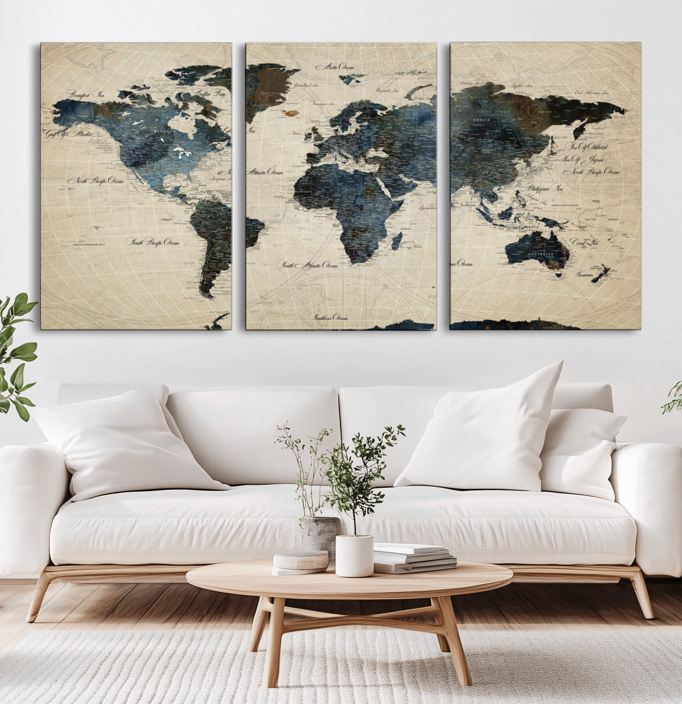 33438443-MGV-CV-60X30-3P - World Map Wall Art Canvas Print, Modern Decorative Framed Map Artwork Prints for Living Room, Office, Bedroom Wall Decor