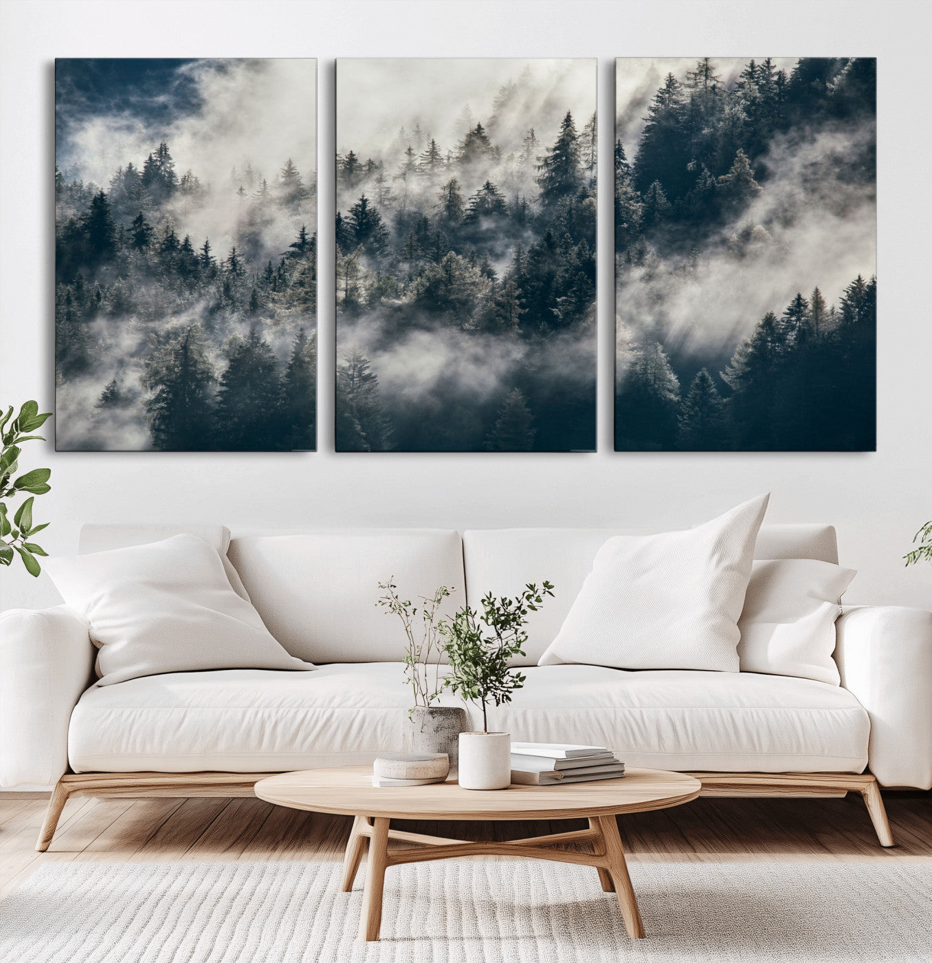 270372951-MGV-CV-60X30-3P - Misty Pine Forest Canvas Wall Art – Dark Forest Mountaing and Nature Landscape Print, Horizontal Canvas Print