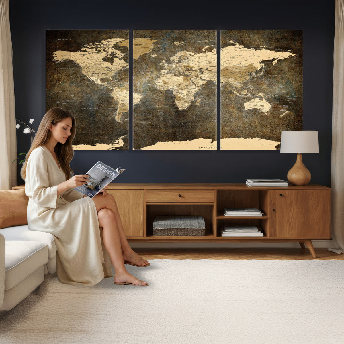 89742472-MGV-CV-36X24 - Large Framed Vintage World Map Wall Art Print for Home Wall