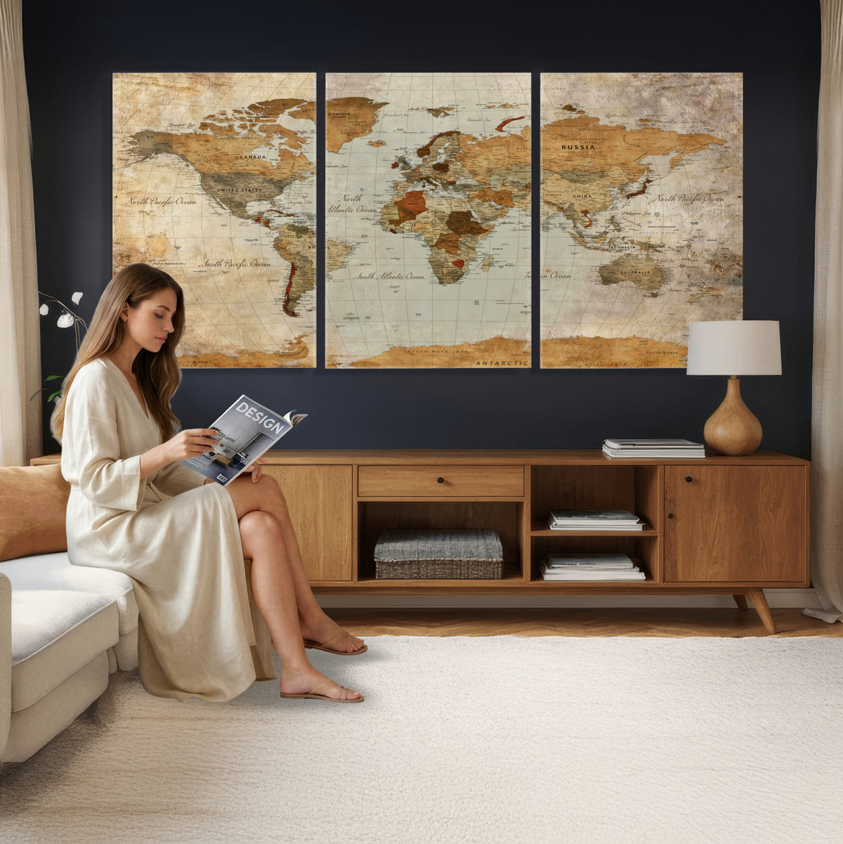 74176056-MGV-CV-36X24 - World Map Wall Art Canvas Print, Modern Decorative Framed Map Artwork Prints for Living Room, Office, Bedroom Wall Decor