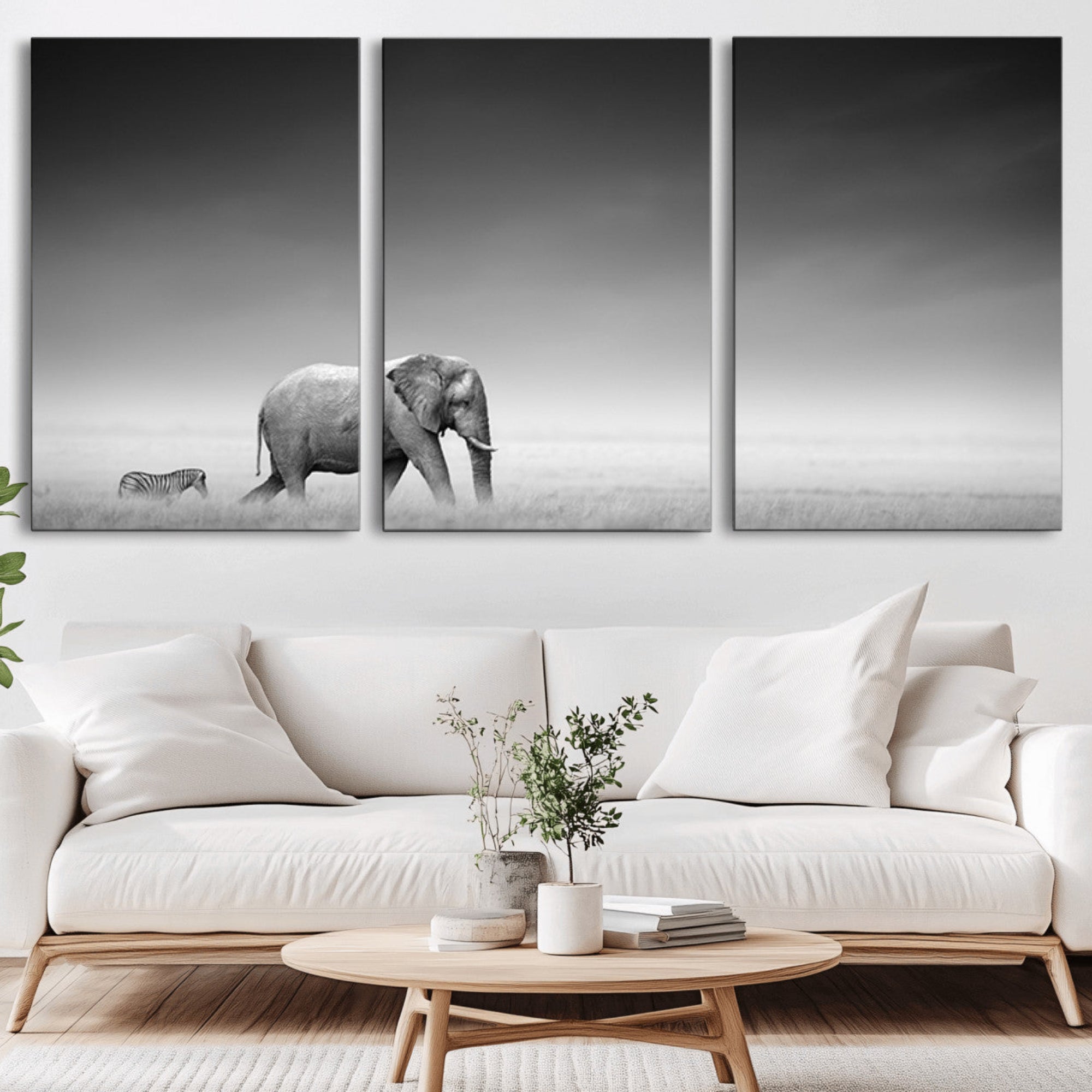 87639-MGV-CV-36X24-Elephand and Zebra Wall Art Canvas Print, Modern Artwork