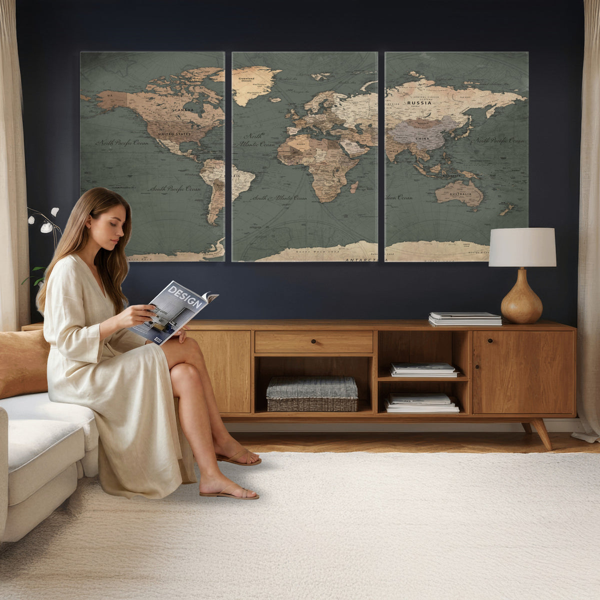84619399-MGV-CV-36X24 - World Map Wall Art Canvas Print, Modern Decorative Framed Map Artwork Prints for Living Room, Office, Bedroom Wall Decor