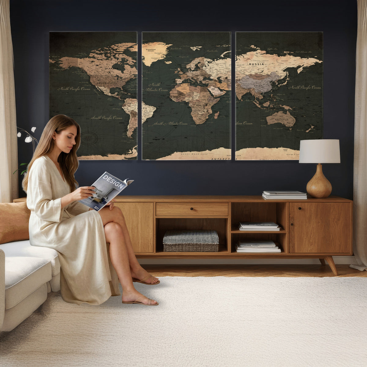 62059333-MGV-CV-36X24 - World Map Wall Art Canvas Print, Modern Decorative Framed Map Artwork Prints for Living Room, Office, Bedroom Wall Decor