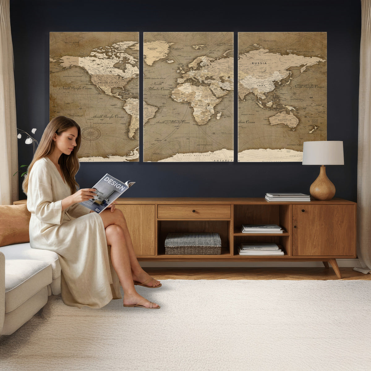 82314635-MGV-CV-36X24 - World Map Wall Art Canvas Print, Modern Decorative Framed Map Artwork Prints for Living Room, Office, Bedroom Wall Decor