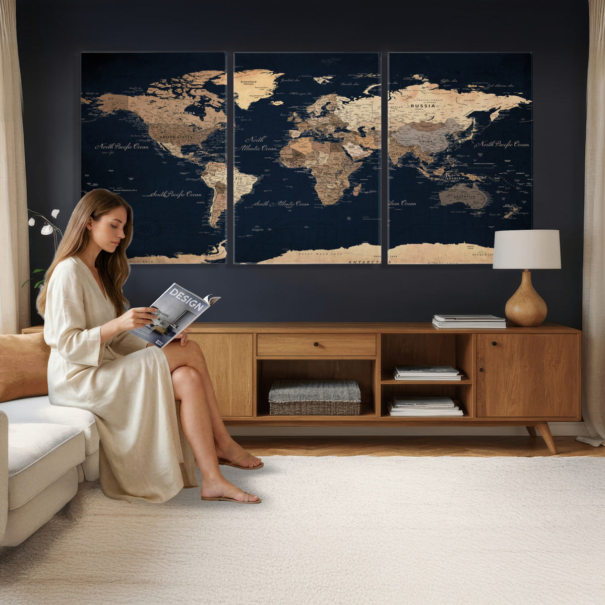 53971530-MGV-CV-36X24 - World Map Wall Art Canvas Print, Modern Decorative Framed Map Artwork Prints for Living Room, Office, Bedroom Wall Decor