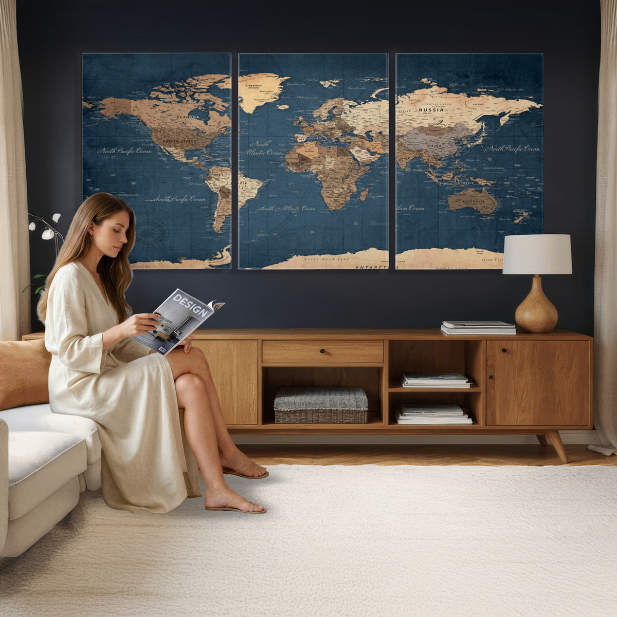 69886352-MGV-CV-36X24 - World Map Wall Art Canvas Print, Modern Decorative Framed Map Artwork Prints for Living Room, Office, Bedroom Wall Decor