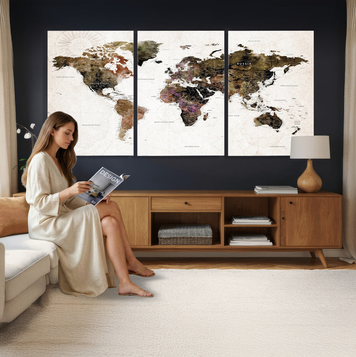 77651968-MGV-CV-36X24 - Watercolor World Map Print - Large Wall Art Canvas Print for