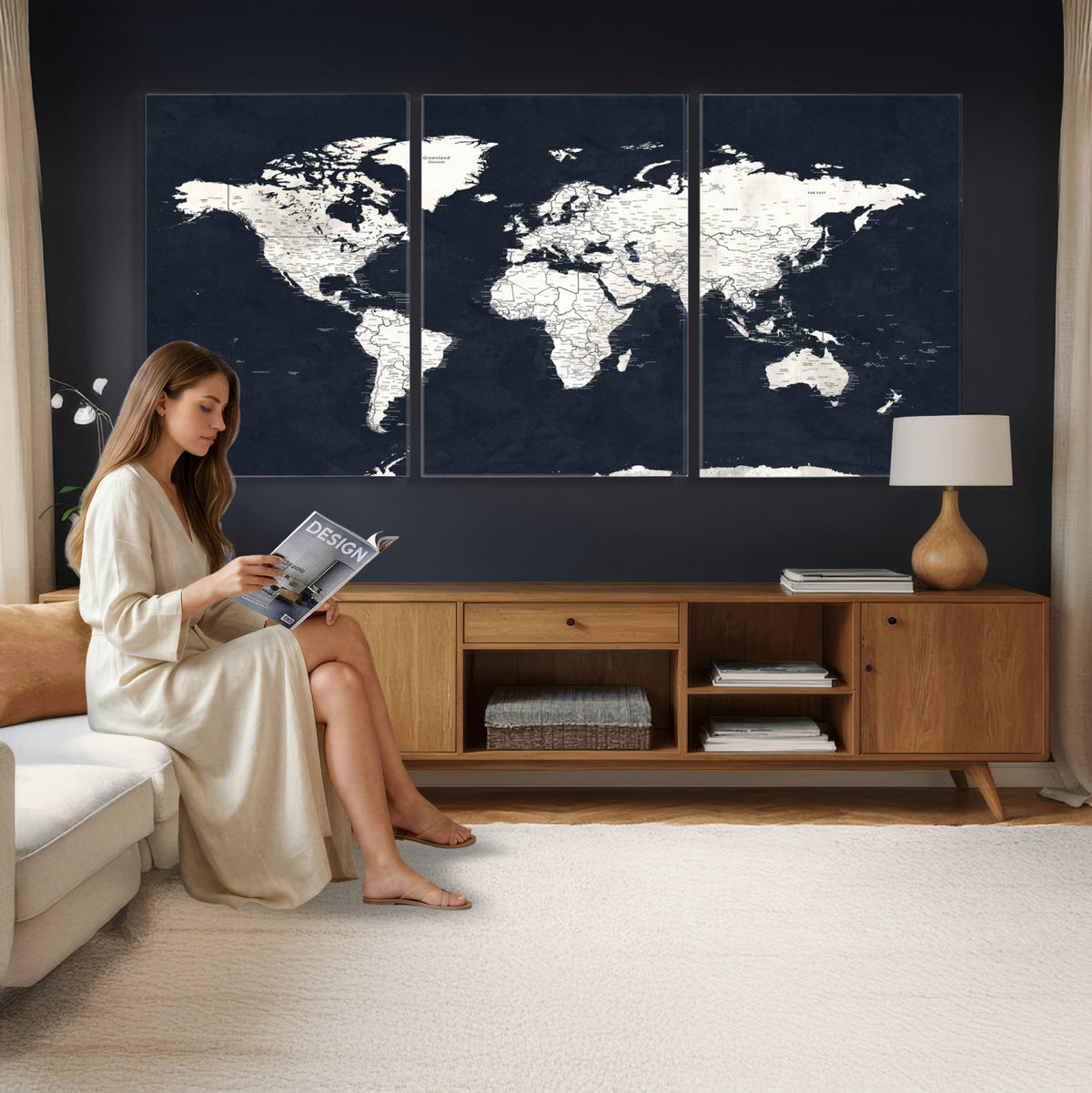 11963807-MGV-CV-36X24 - Black World Map Wall Art Canvas Print for Home Office and Meeting Room Decor