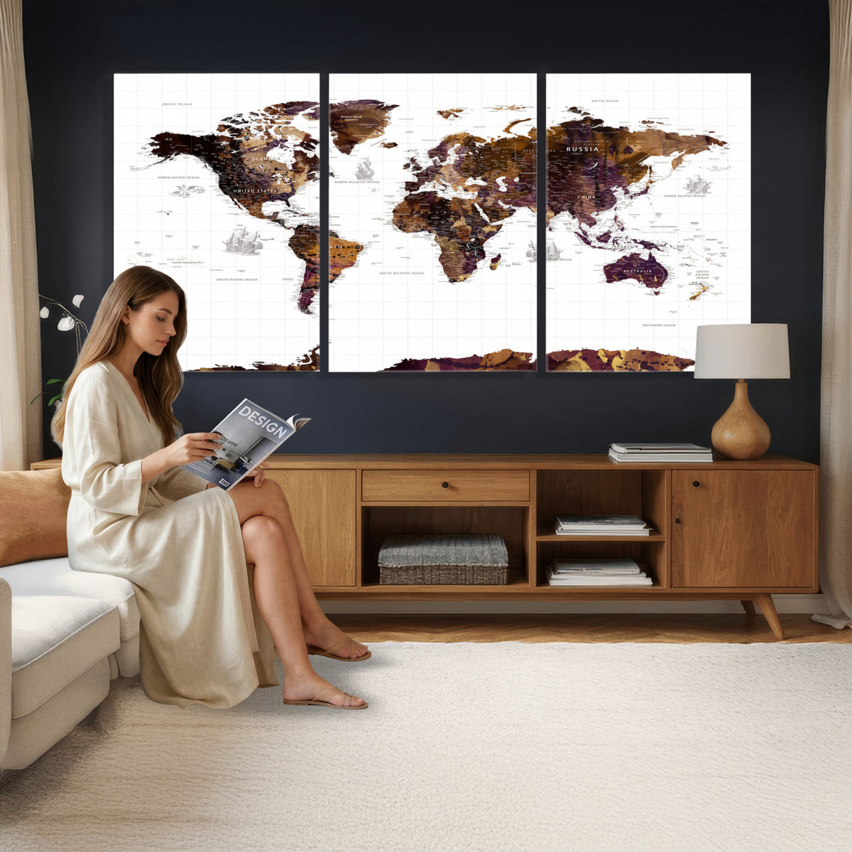 34792695-MGV-CV-36X24 - Rustic World Map Wall Art Canvas Print | Large Vintage Blue World Map on Wood Grain Style Background