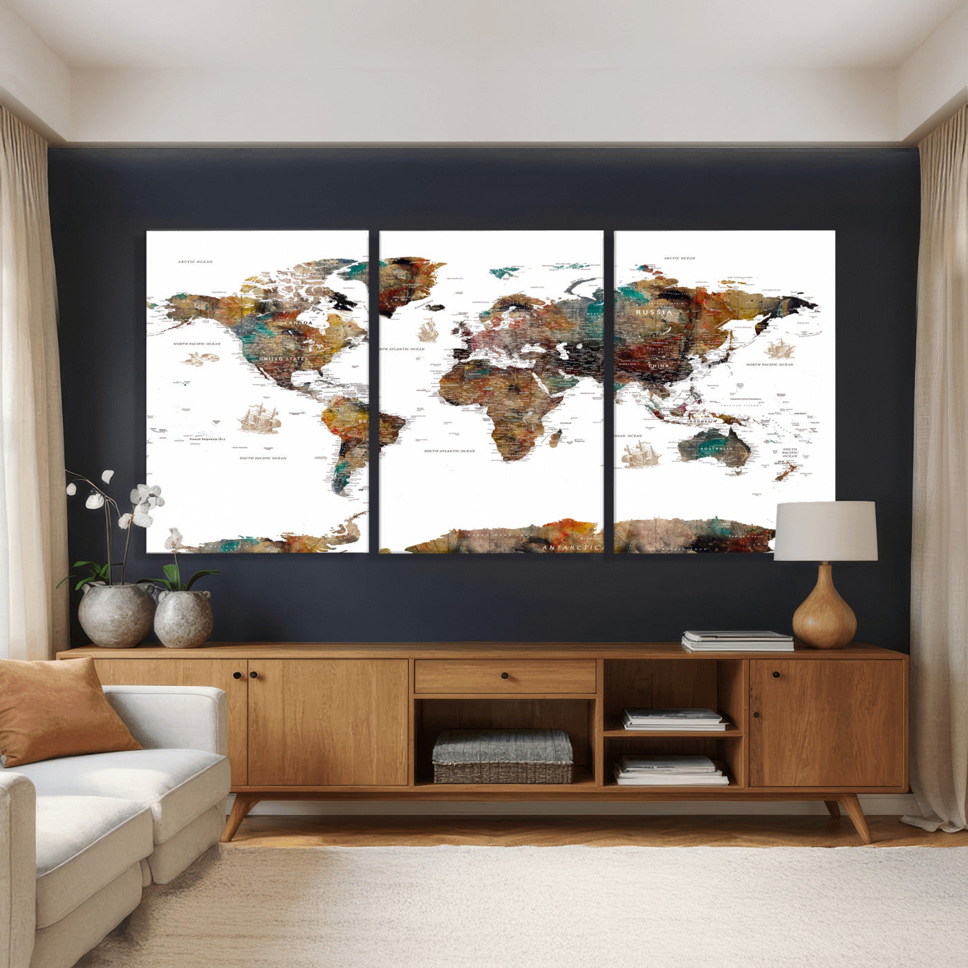 82293175-MGV-CV-36X24 - World Map Wall Art Canvas Print, Modern Decorative Framed Map Artwork Prints for Living Room, Office, Bedroom Wall Decor