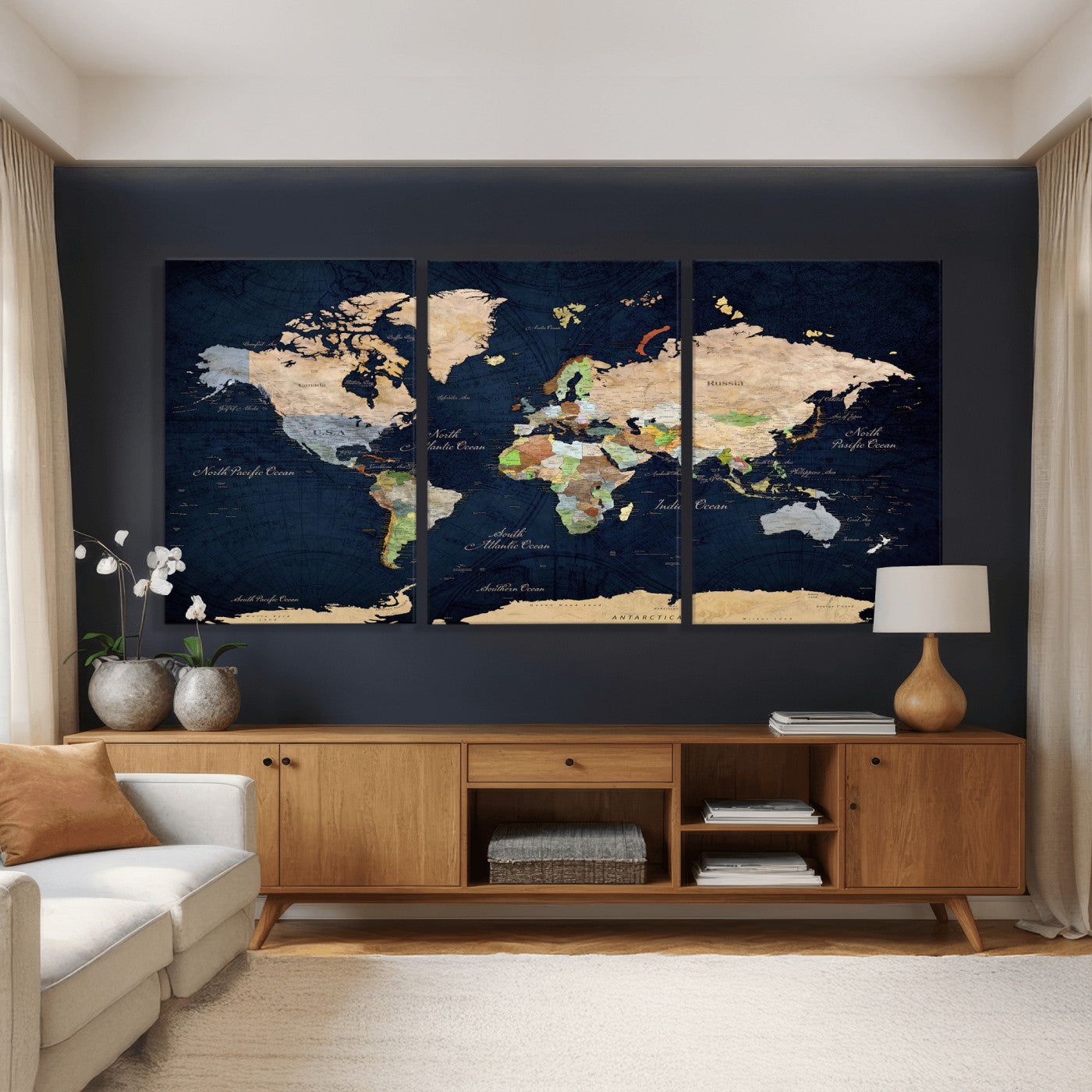 76603563-MGV-CV-36X24 - World Map Wall Art Canvas Print, Modern Decorative Framed Map Artwork Prints for Living Room, Office, Bedroom Wall Decor