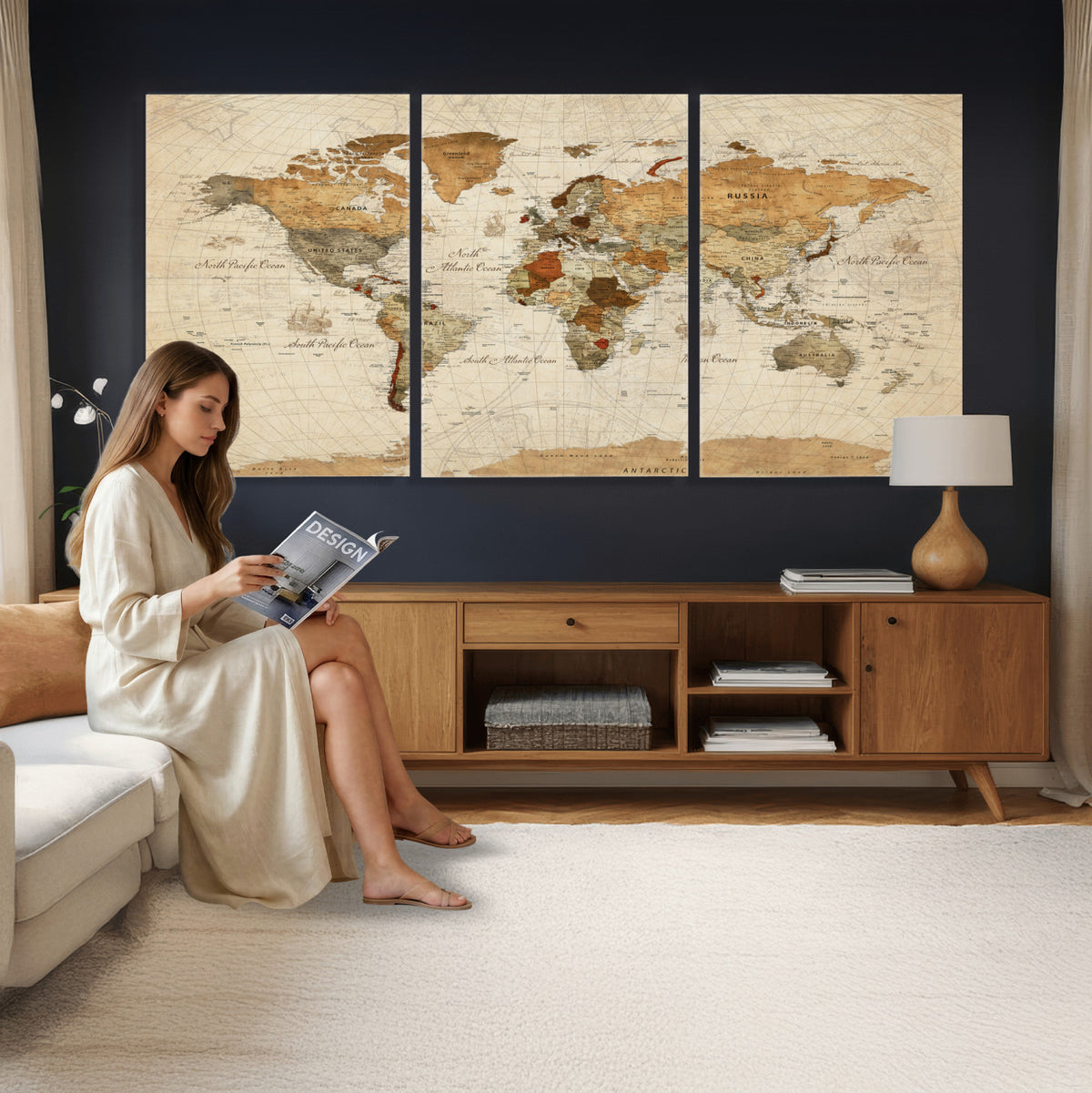 29684537-MGV-CV-36X24 - Vintage World Map Canvas Print, Framed Rustic Detailed Map of the World, Explorer Decor