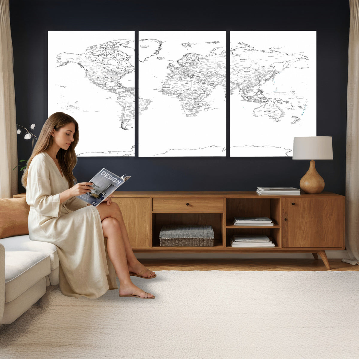 21002736-MGV-CV-36X24 - World Map Canvas Print, Framed Modern Detailed Map of the World for Home or Office