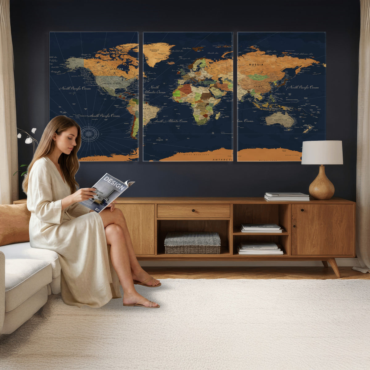 11715182-MGV-CV-36X24 - Modern World Map Canvas Print, Framed Detailed Map of the World Wall Art