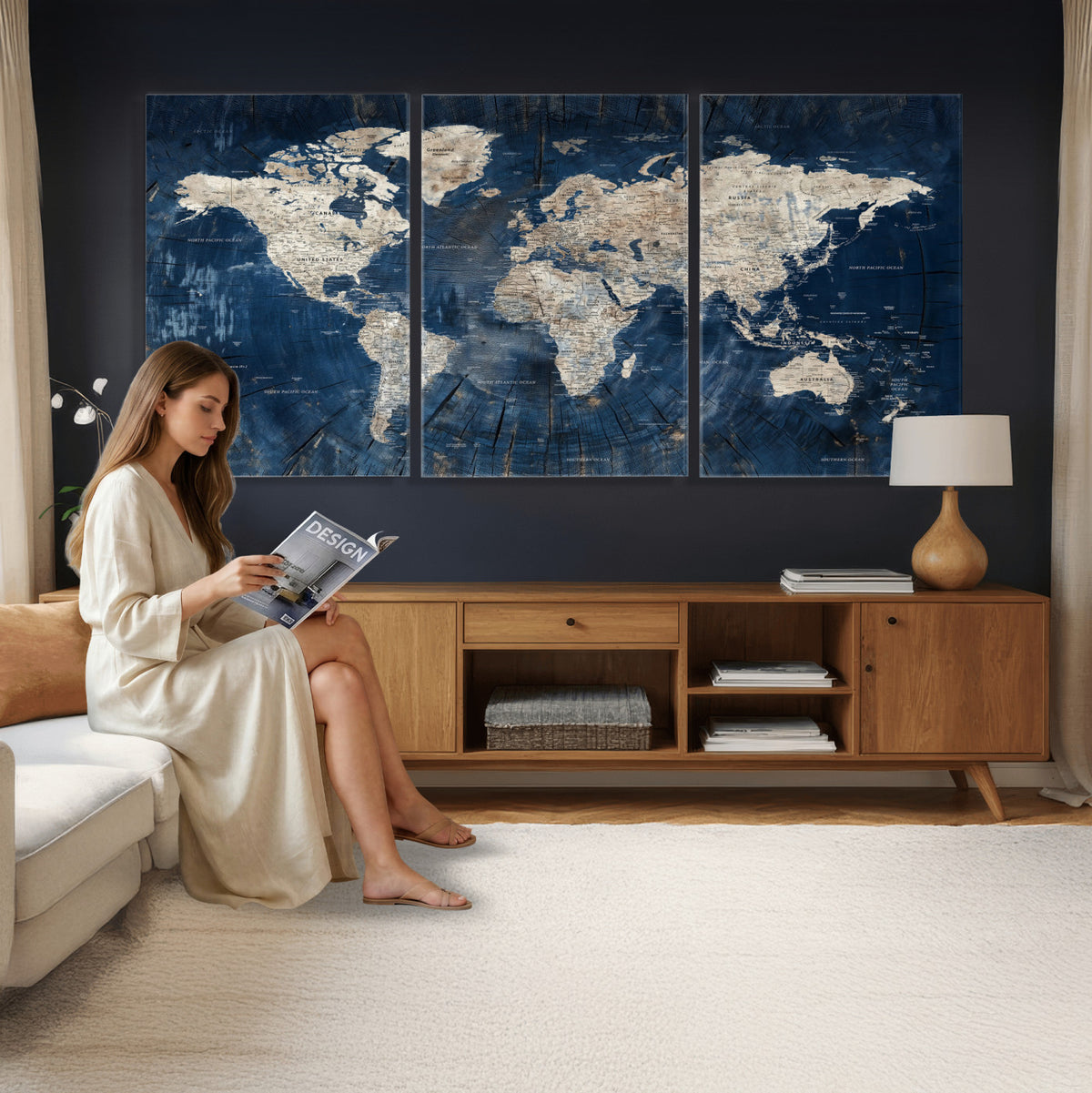 56126010-MGV-CV-36X24 - Large Blue World Map Wall Art Canvas Print for Home Office